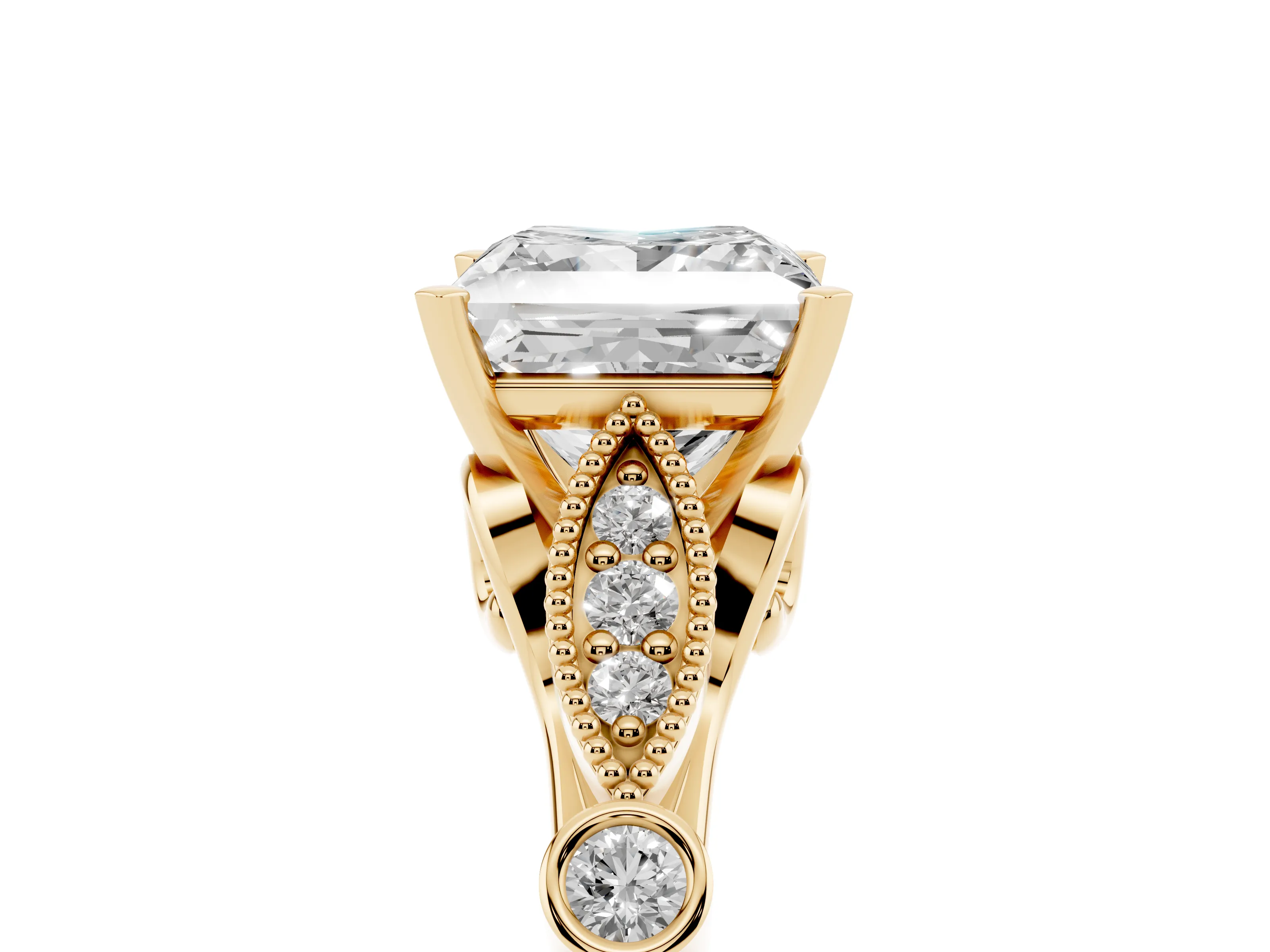 Princess Cut Diamond Solitaire Ring Set in Yellow gold with Milgrain Marquise and Bezel Accents