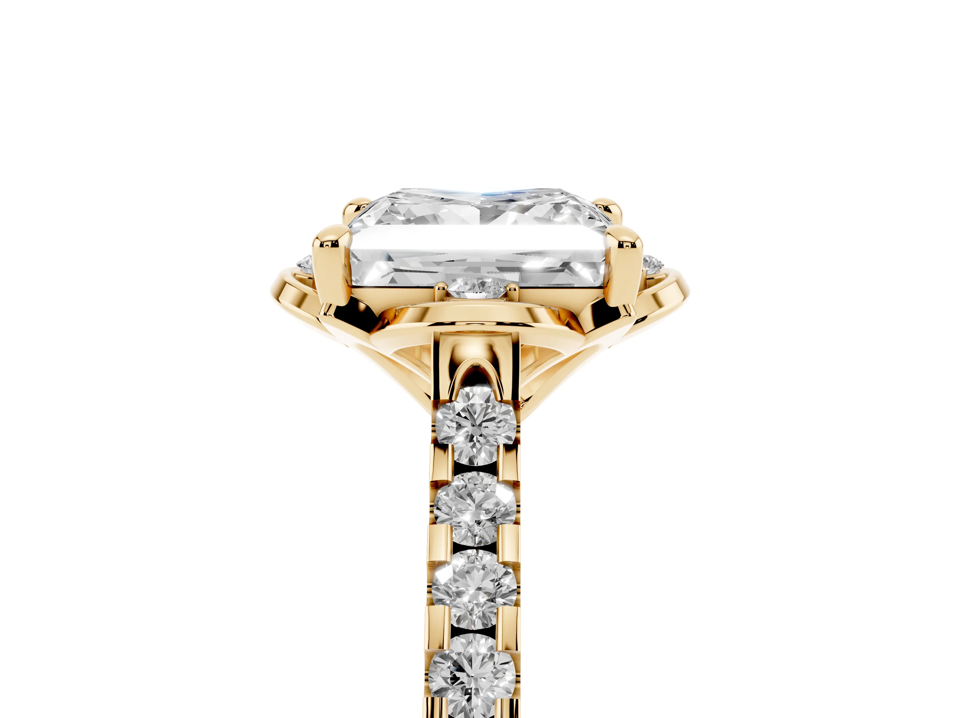 Princess Cut Diamond Solitaire Ring Set in Yellow gold with Pavé Band and Floral Prong Setting