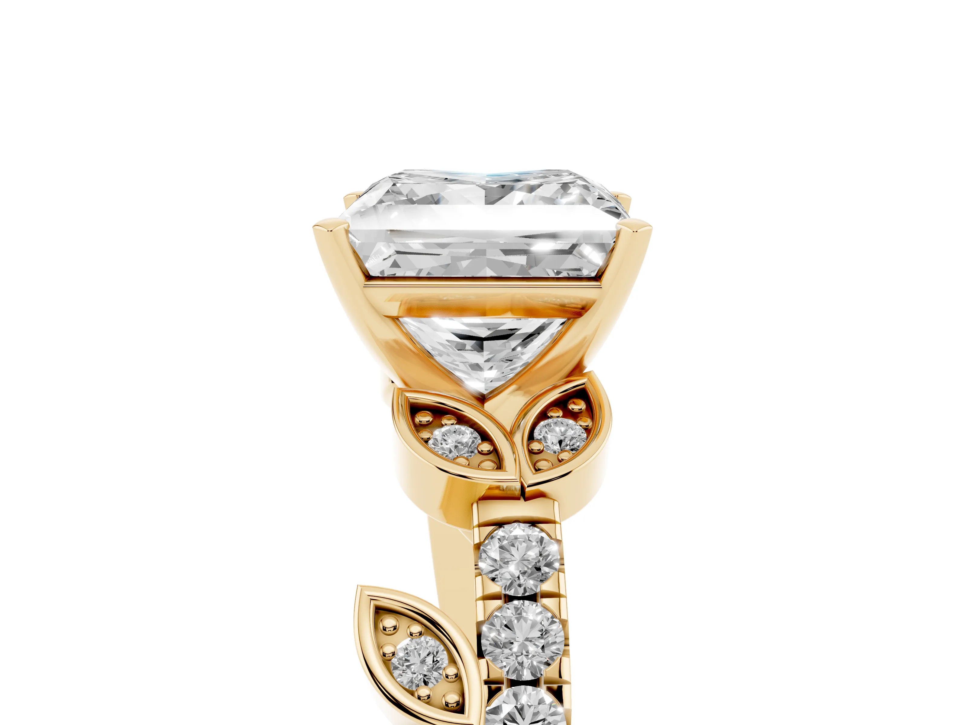 Princess Cut Diamond Solitaire Leaf-Inspired Ring Set in Yellow gold with Pavé Band and Prong Setting