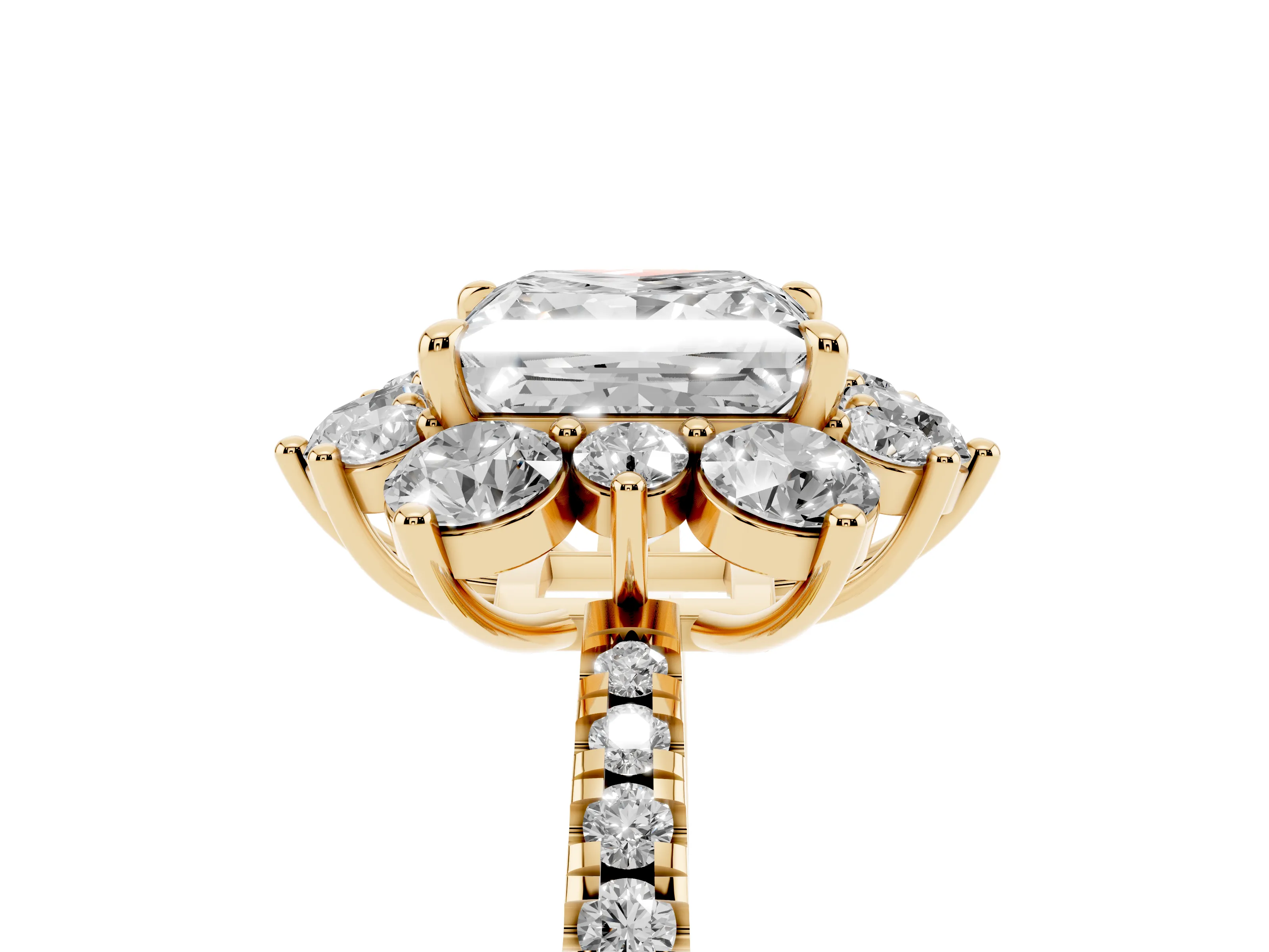 Princess Cut Diamond Floral Halo Ring Set in Yellow gold with Round Pavé Band and Prong Setting