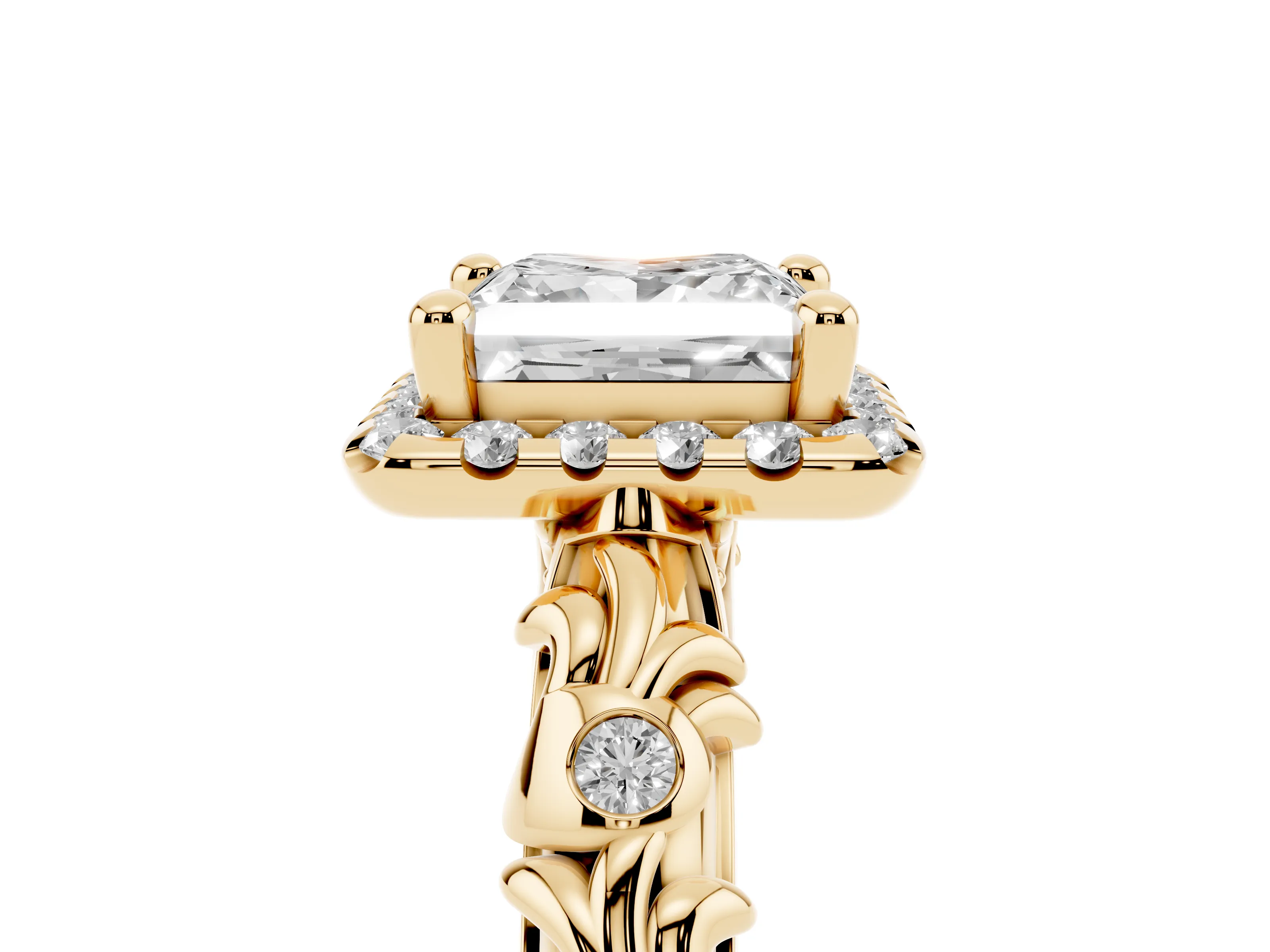 Princess Cut Diamond Halo Ring Set in Yellow gold with Filigree Leaf Band and Prong Setting