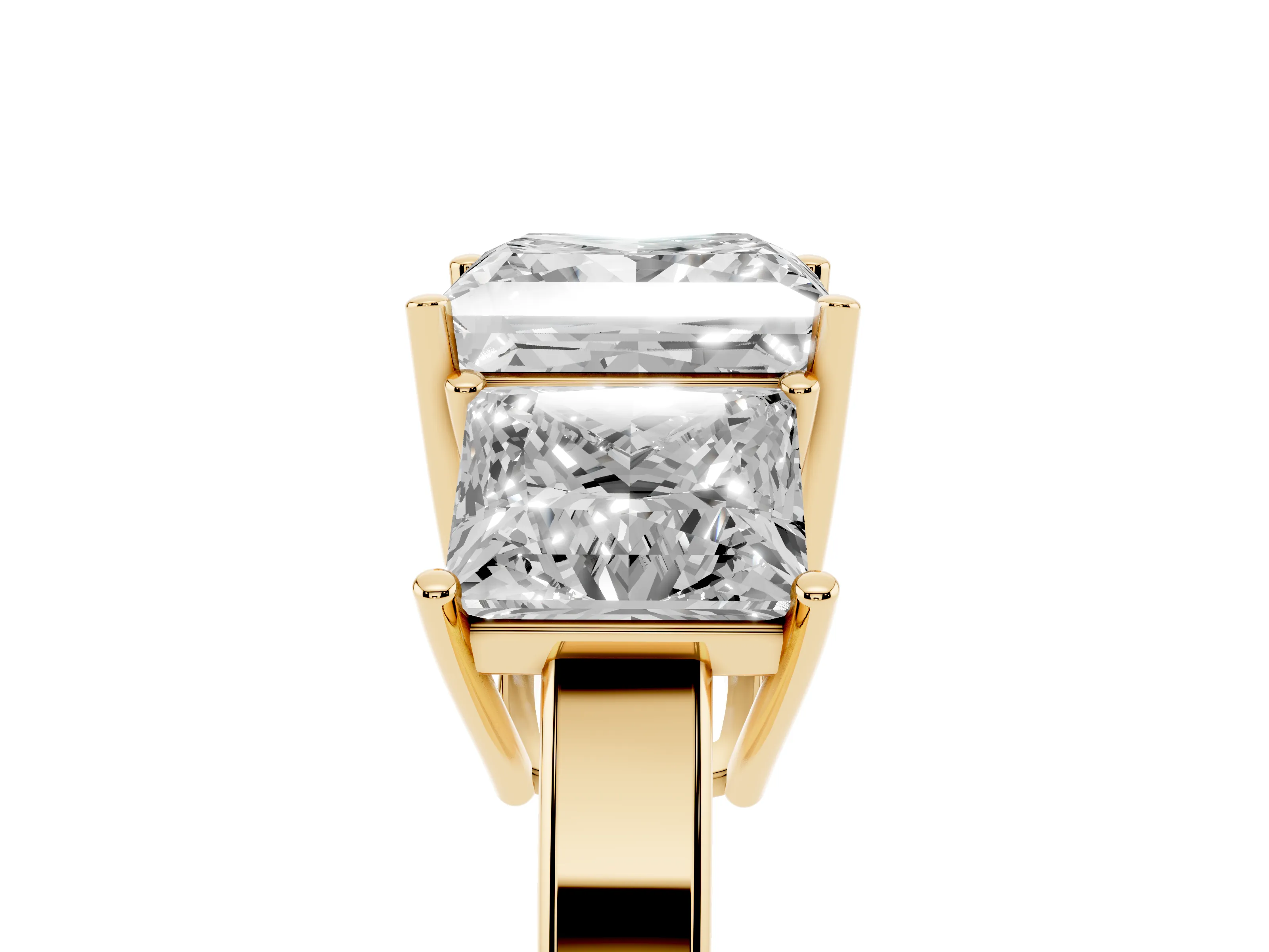 Princess Cut Diamond Three-Stone Engagement Ring Set in Yellow gold with Flat Band