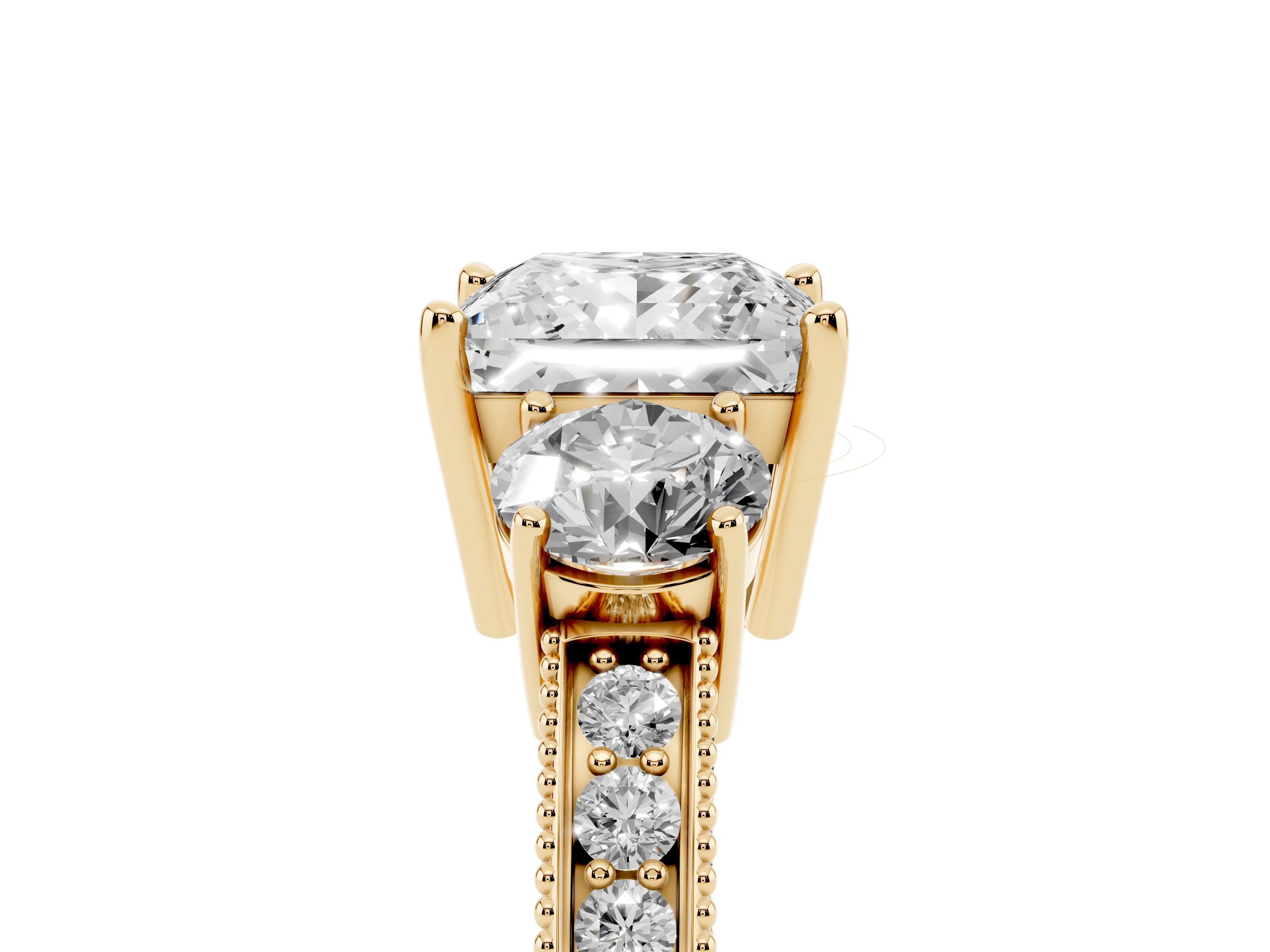 Princess Cut Diamond Three-Stone Ring Set in Yellow gold with Round Side Stones and Pavé Band