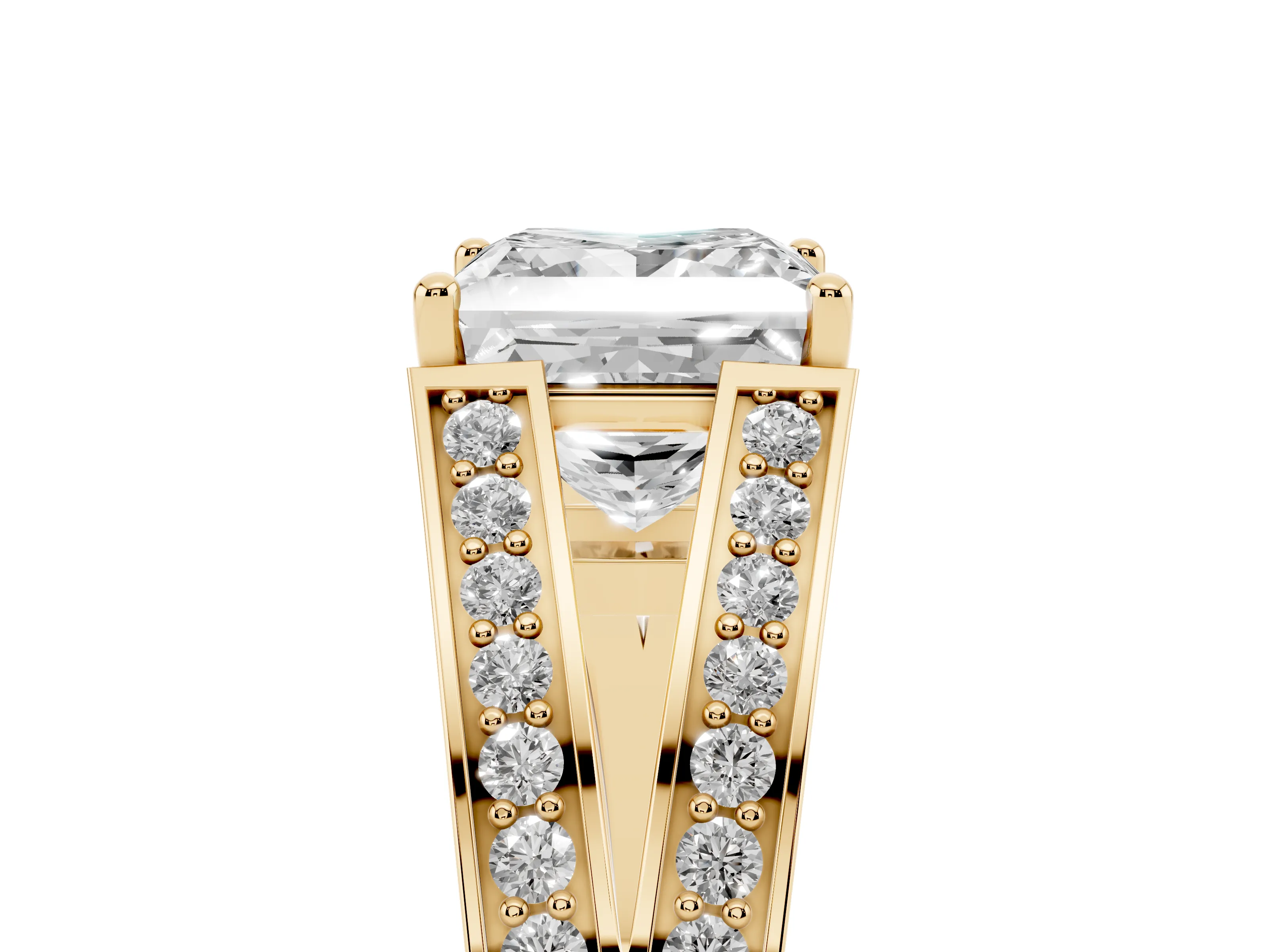 Princess Cut Diamond Split Shank Ring Set in Yellow gold with Pavé Band and Prong Setting