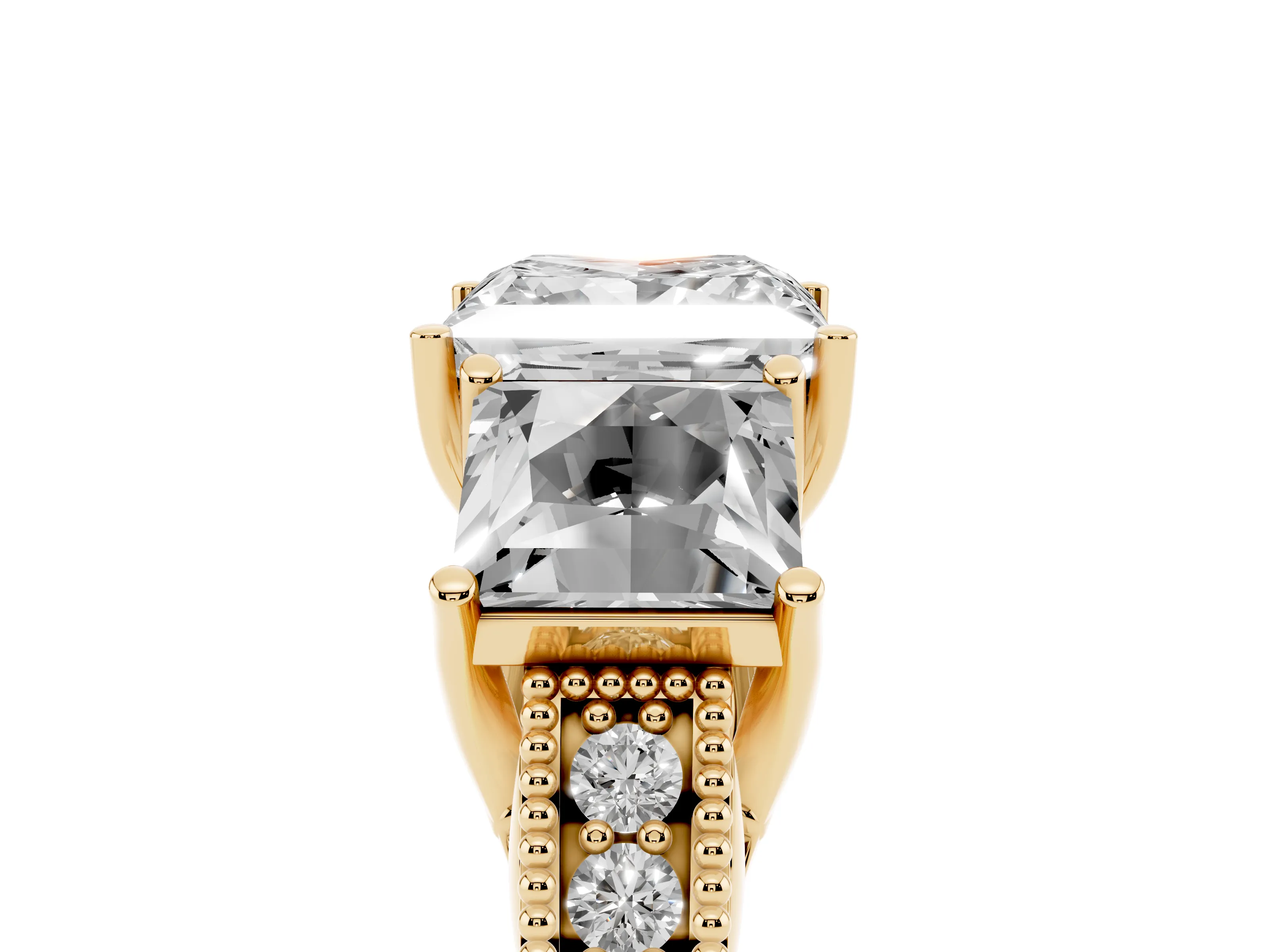 Princess Cut Diamond Three-Stone Engagement Ring Set in Yellow gold with Milgrain Pavé Band