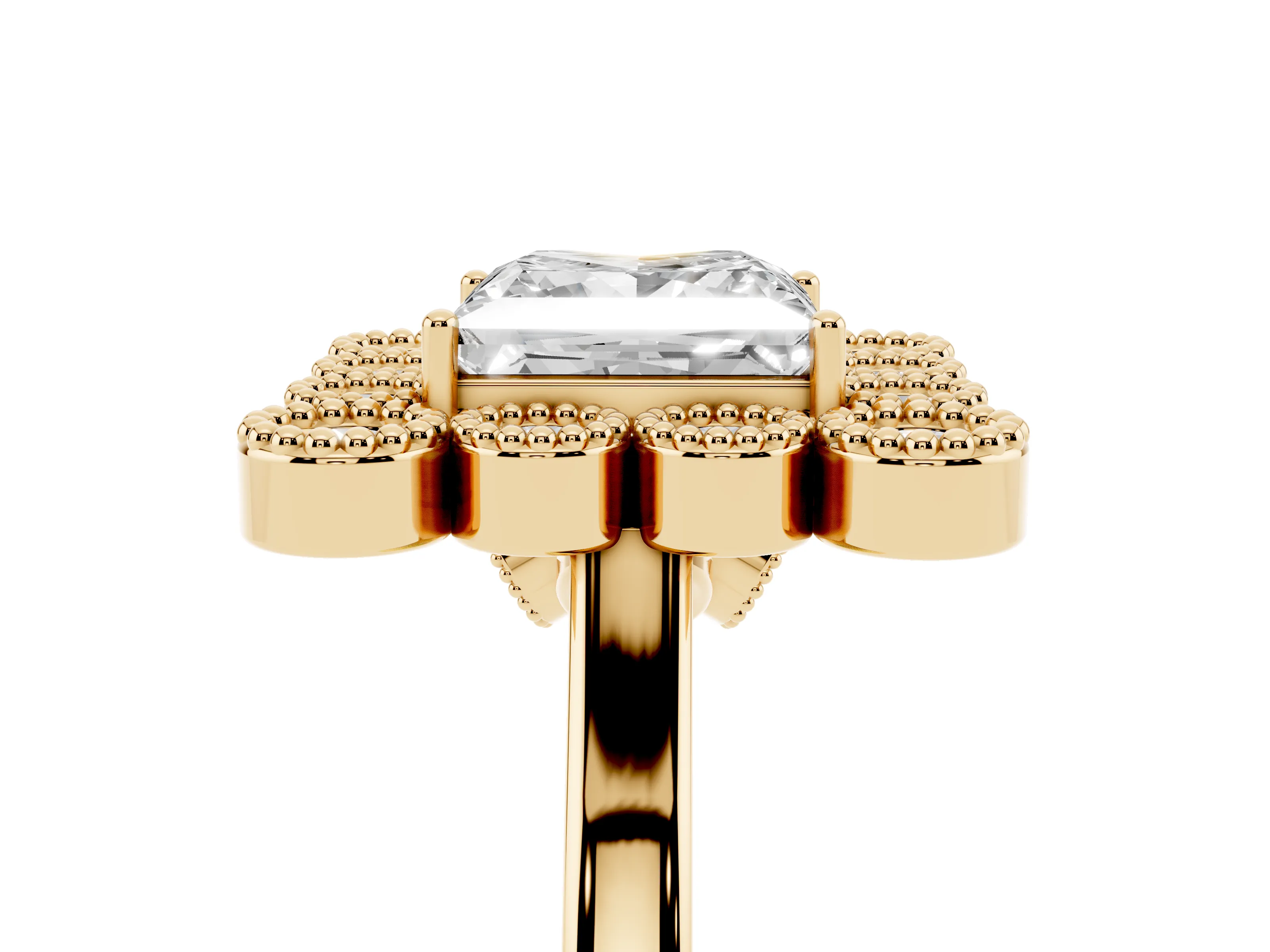 Princess Cut Diamond Cluster Halo Ring Set in Yellow gold with Milgrain Bezel Accents and Plain Band