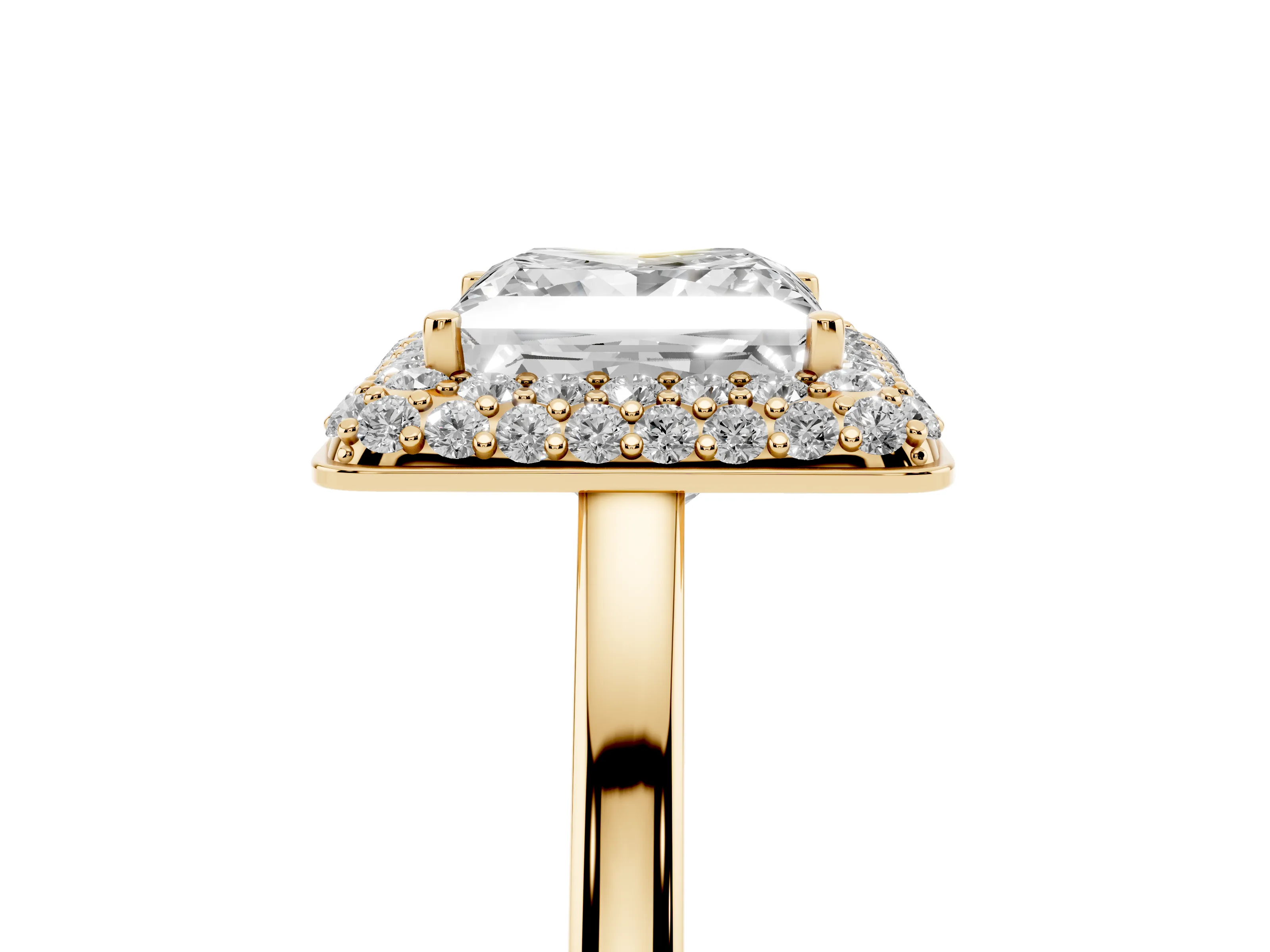 Princess Cut Diamond Halo Engagement Ring Set in Yellow gold with Solitaire Band and Prong Setting