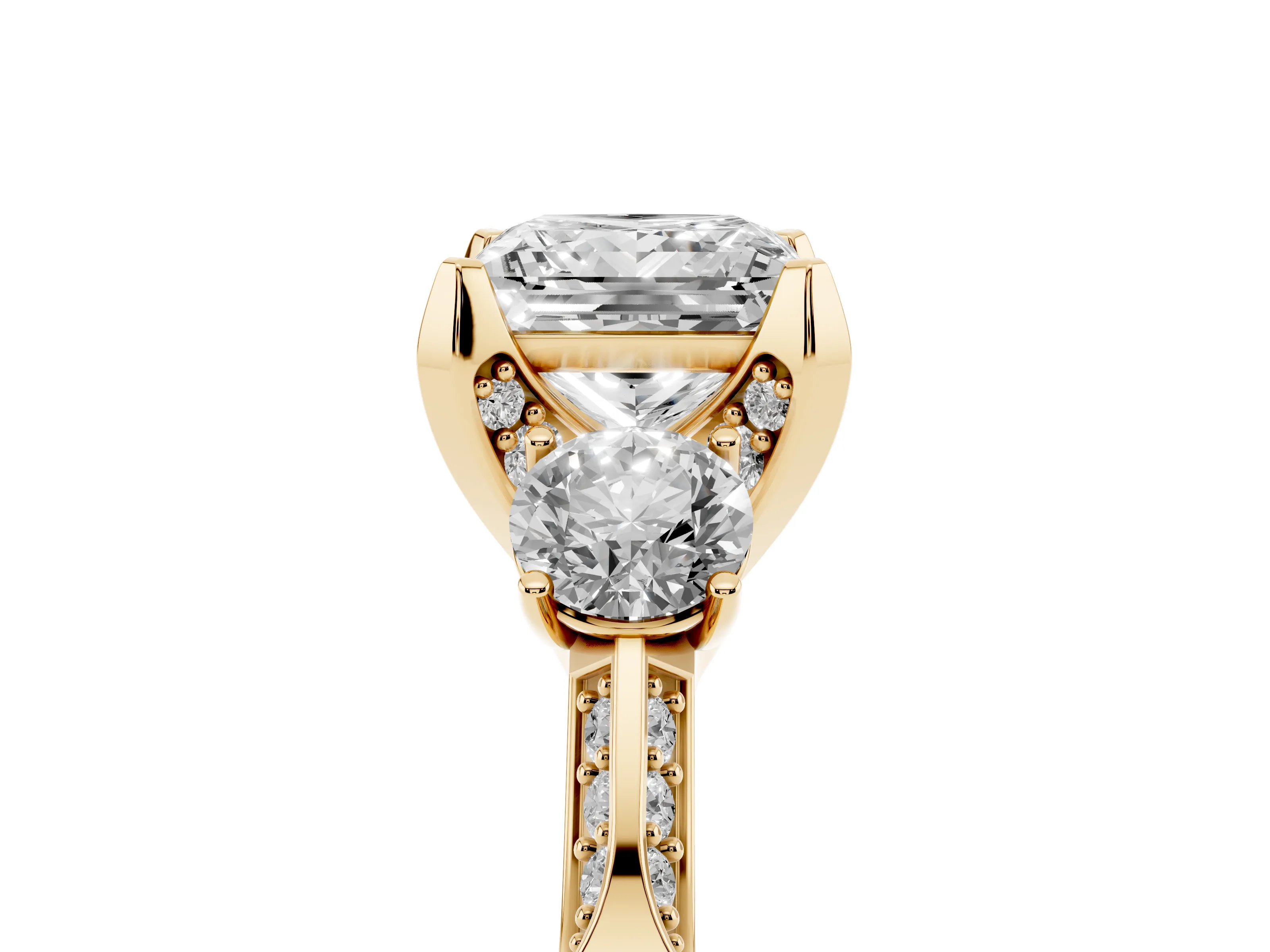 Princess Cut Diamond Three-Stone Ring Set in Yellow gold with Pavé Band and Smaller Side Stones
