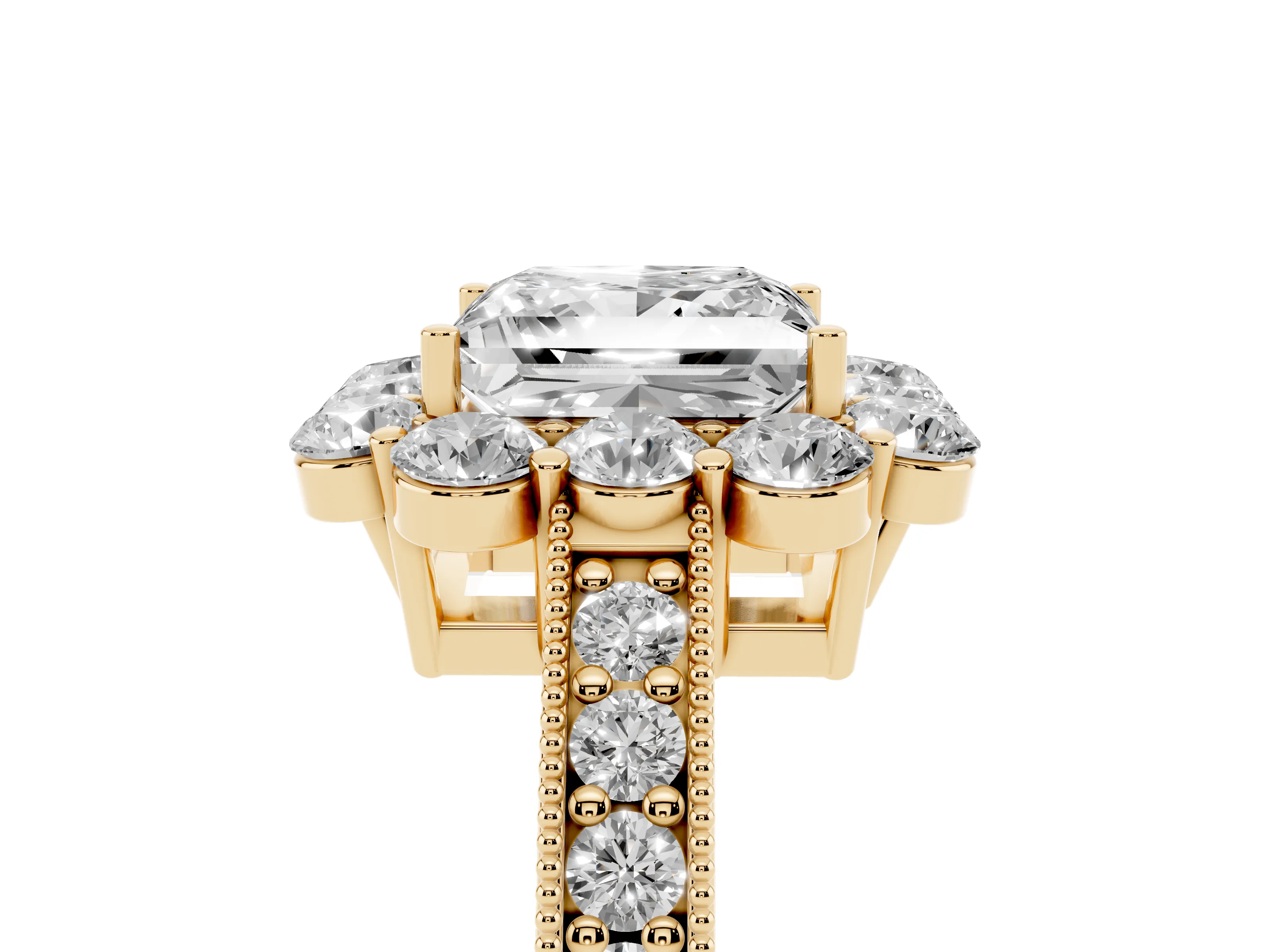 Princess Cut Diamond Halo Pavé Engagement Ring Set in Yellow gold with Milgrain Detailing