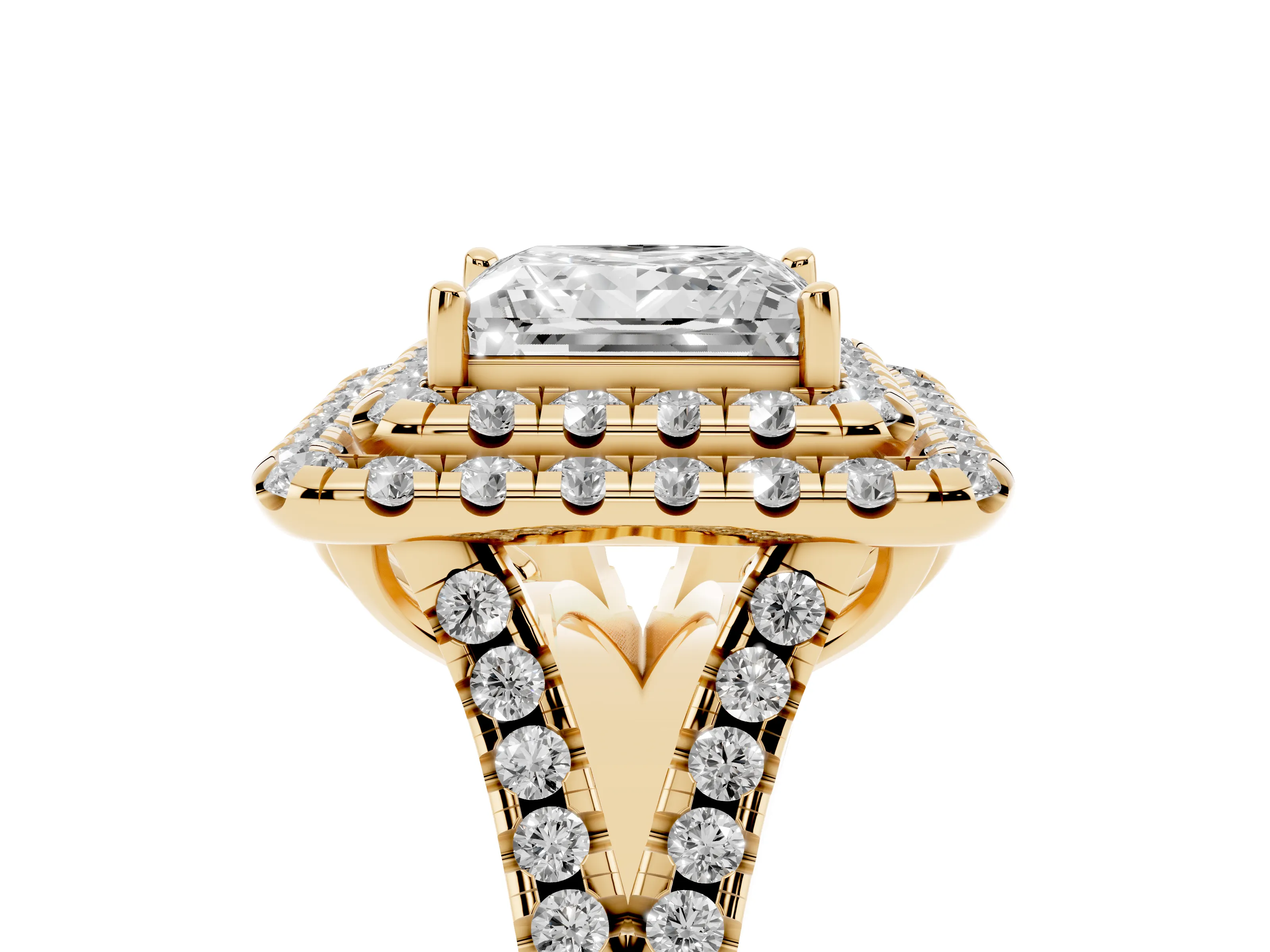 Princess Cut Diamond Double Halo Ring Set in Yellow gold with Pavé Split Shank and Prong Setting