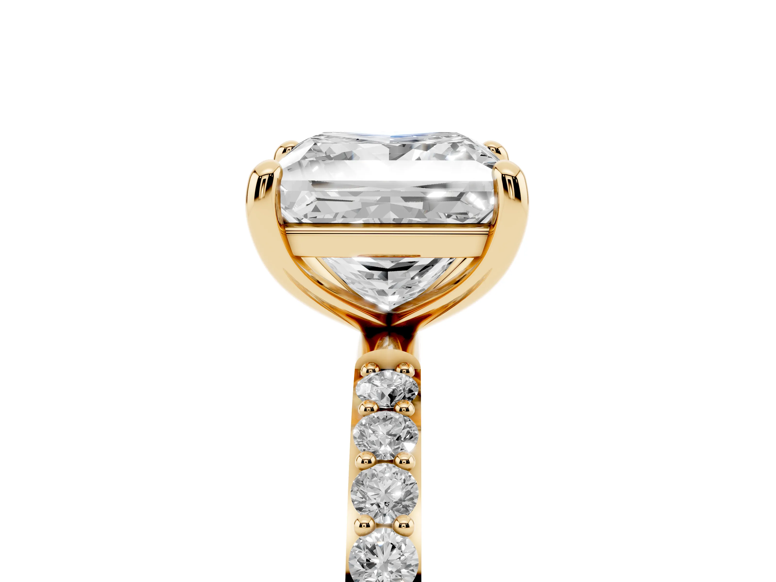Princess Cut Diamond Solitaire Ring Set in Yellow gold with Round Pavé Band and Prong Setting