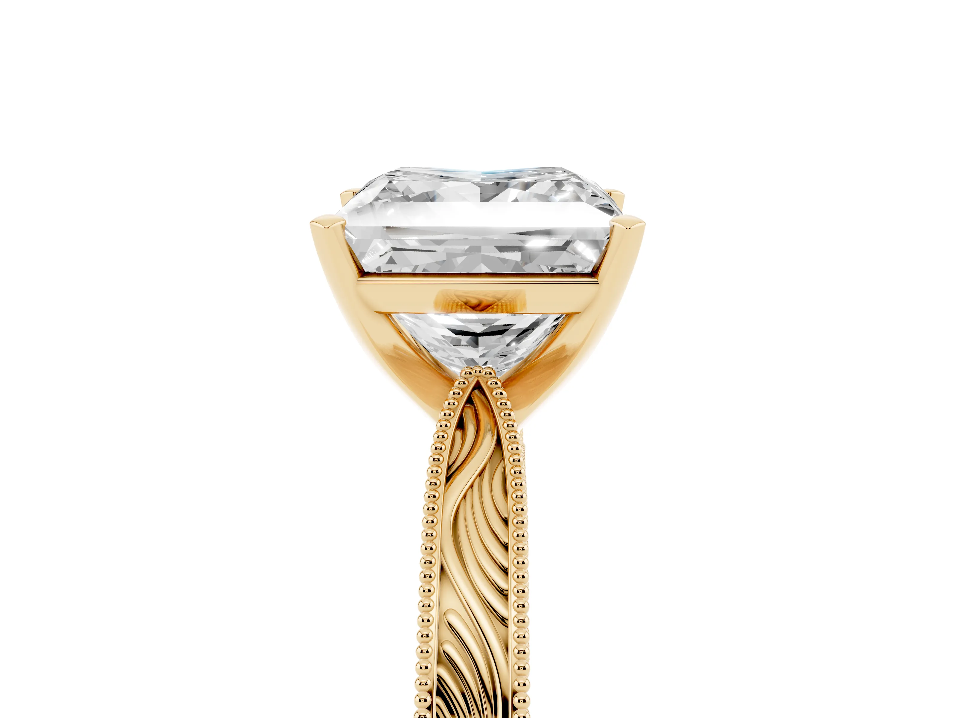 Princess Cut Diamond Solitaire Milgrain Engraved Band Set in Yellow gold with Prong Setting