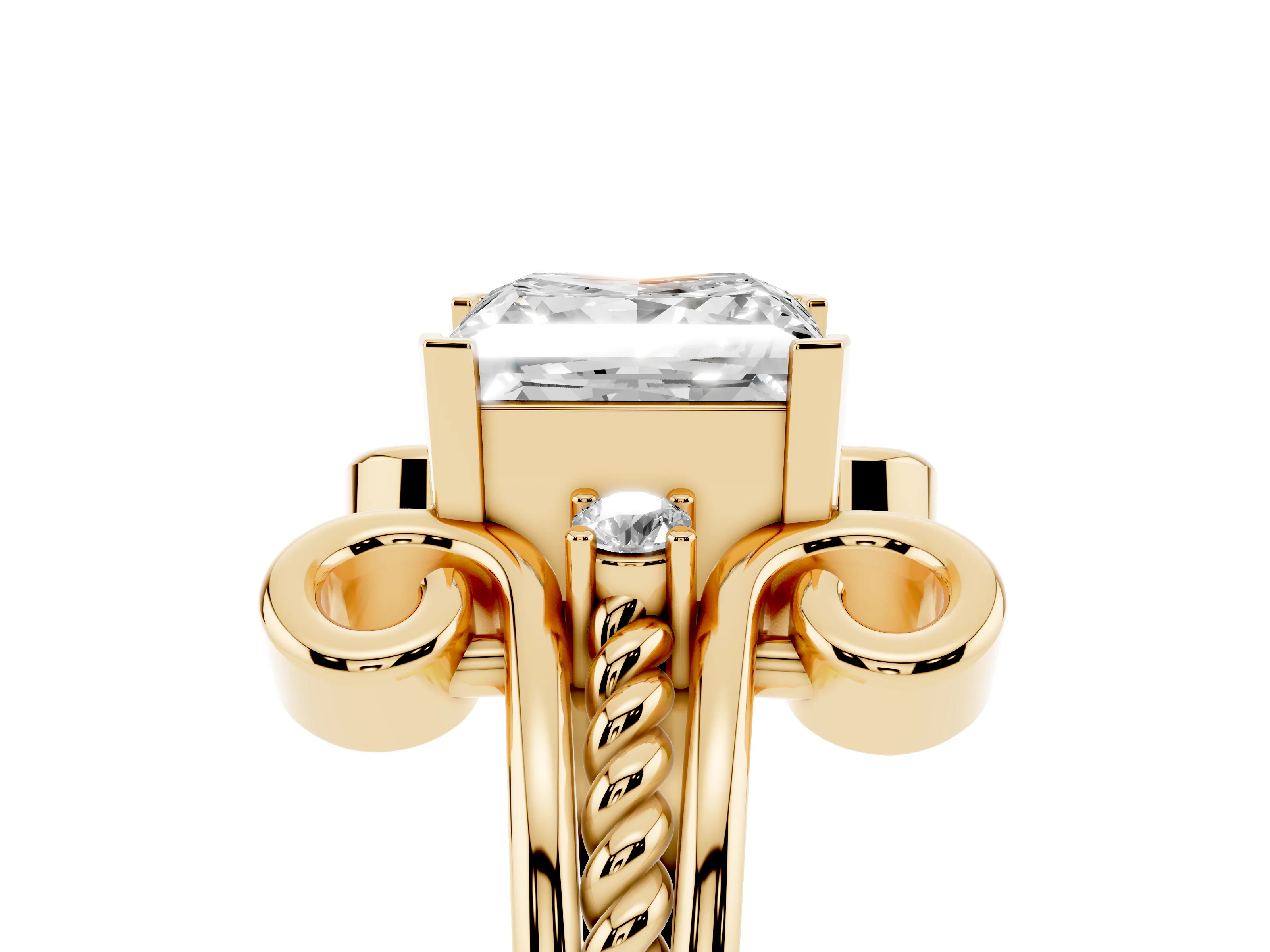 Princess Cut Diamond Twisted Band Solitaire Ring Set in Yellow gold with Scroll Prongs