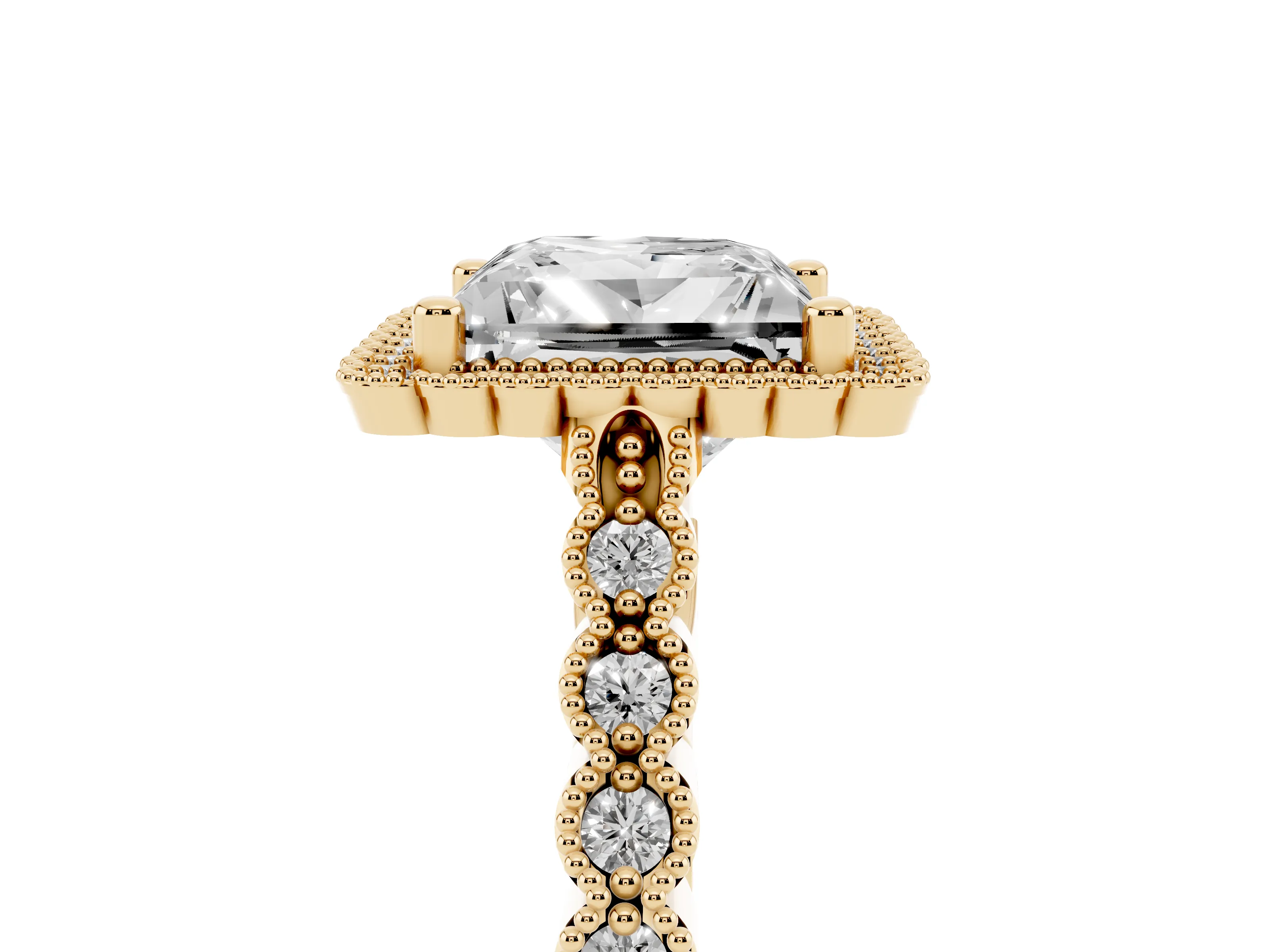 Princess Cut Diamond Halo Ring Set in Yellow gold with Pavé Milgrain Band