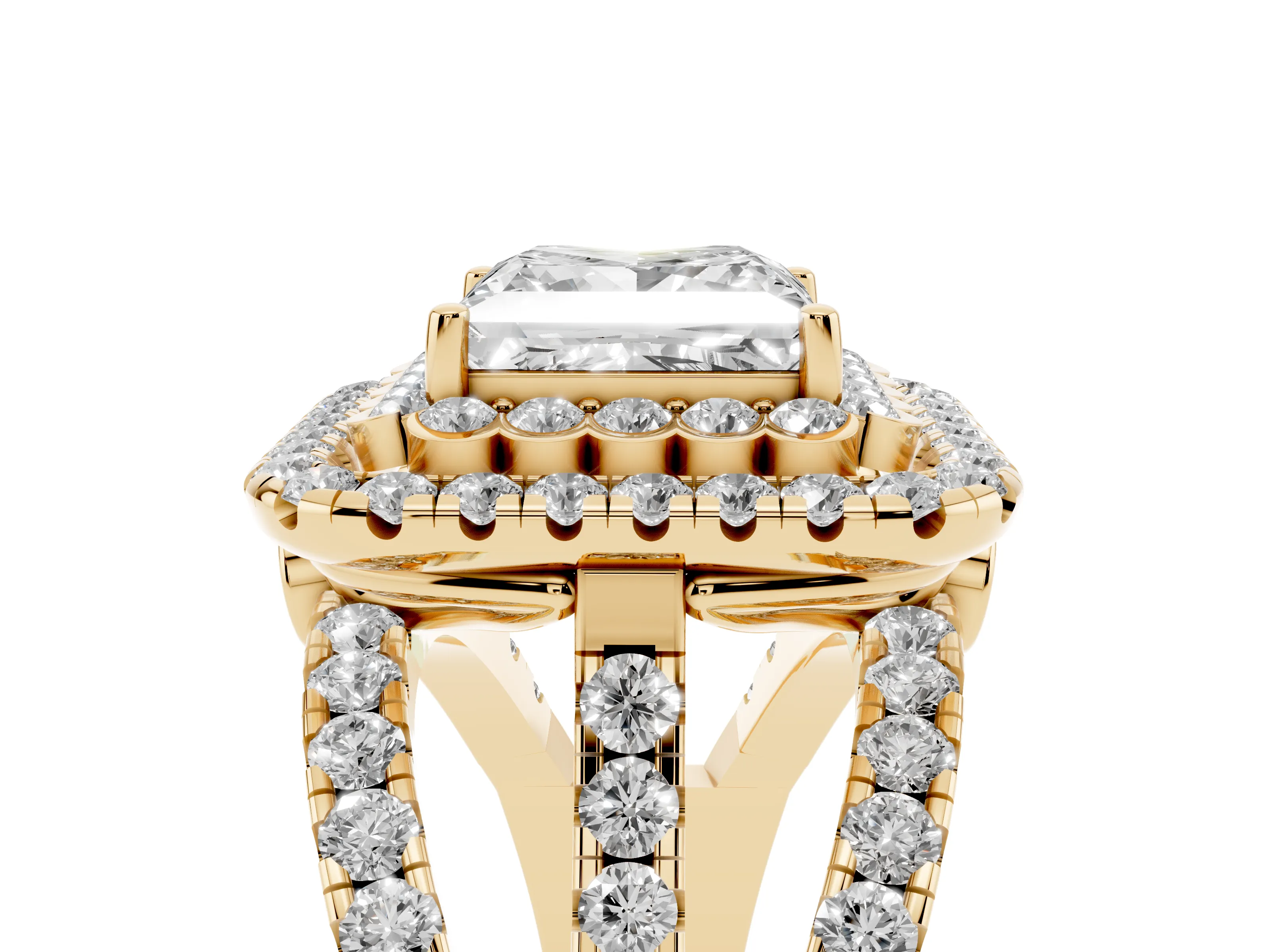 Princess Cut Diamond Double Halo Ring Set in Yellow gold with Round Pavé Split Shank