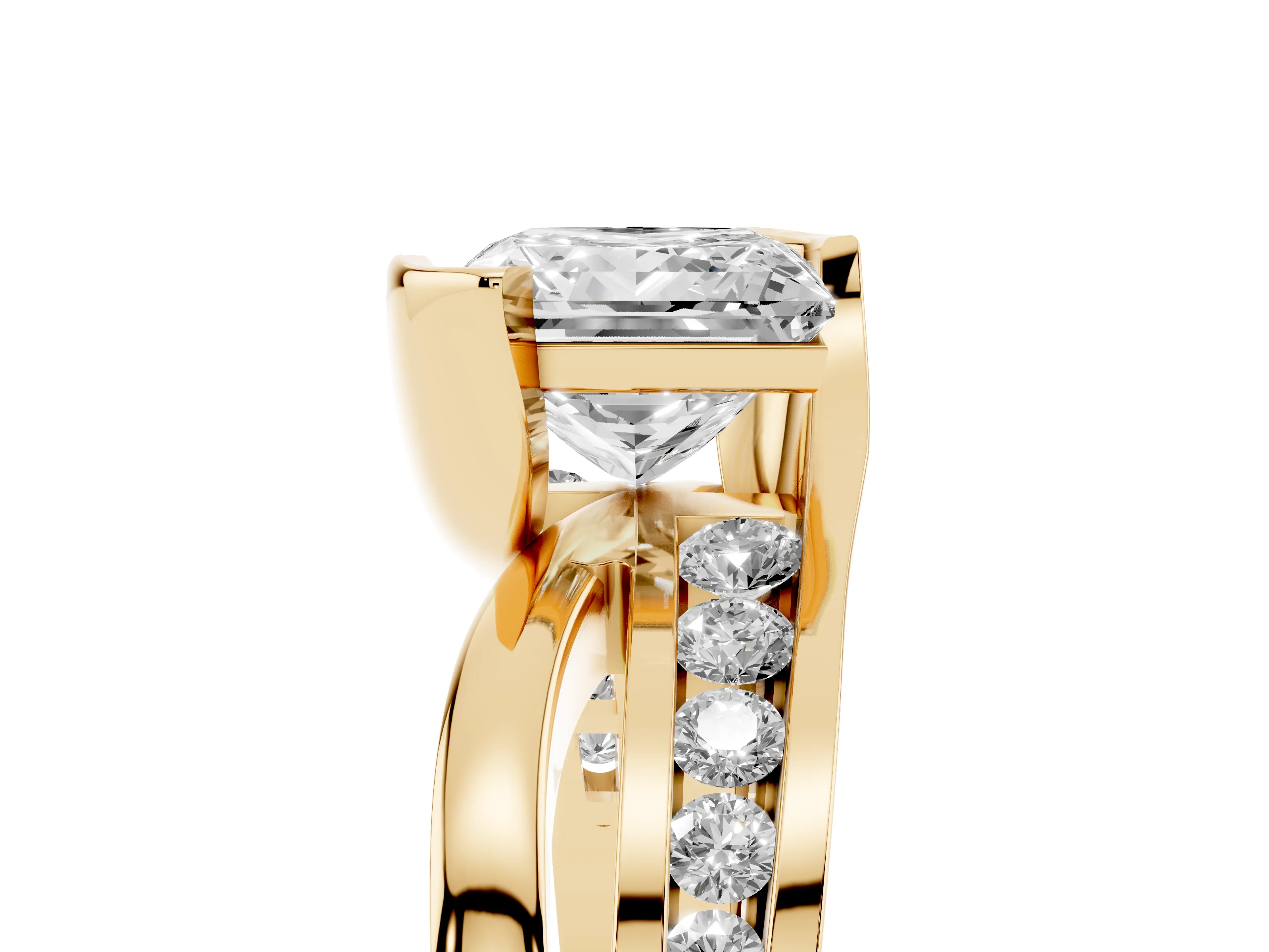 Princess Cut Diamond Solitaire Ring Set in Yellow gold with Channel Set Split Shank and Tension Prongs
