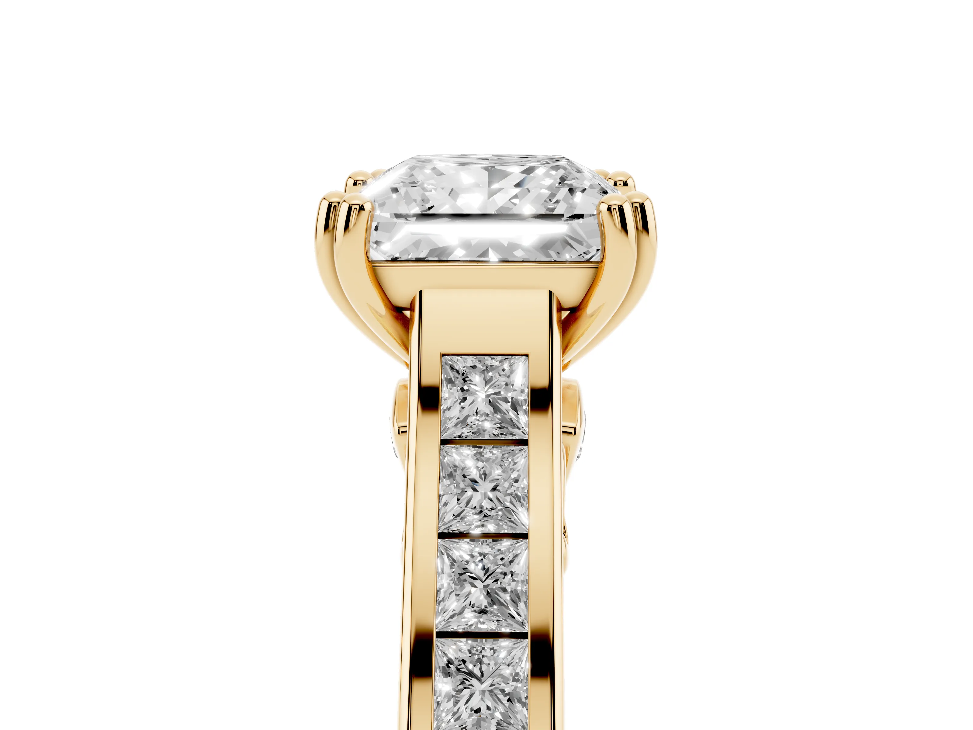 Princess Cut Diamond Channel Set Solitaire Engagement Ring Set in Yellow gold with Prong Setting