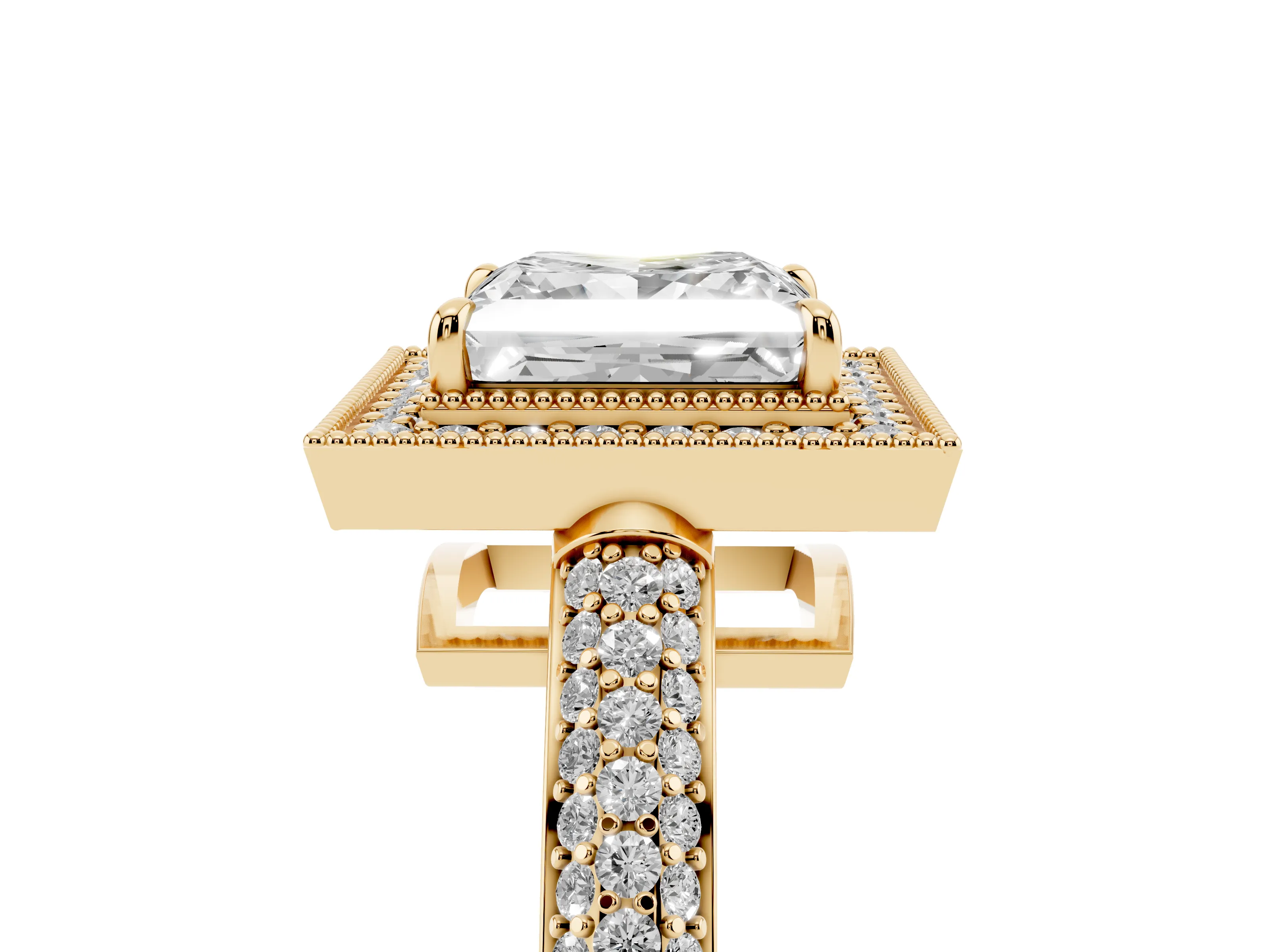 Princess Cut Diamond Halo Pavé Band Set in Yellow gold with Prong Setting