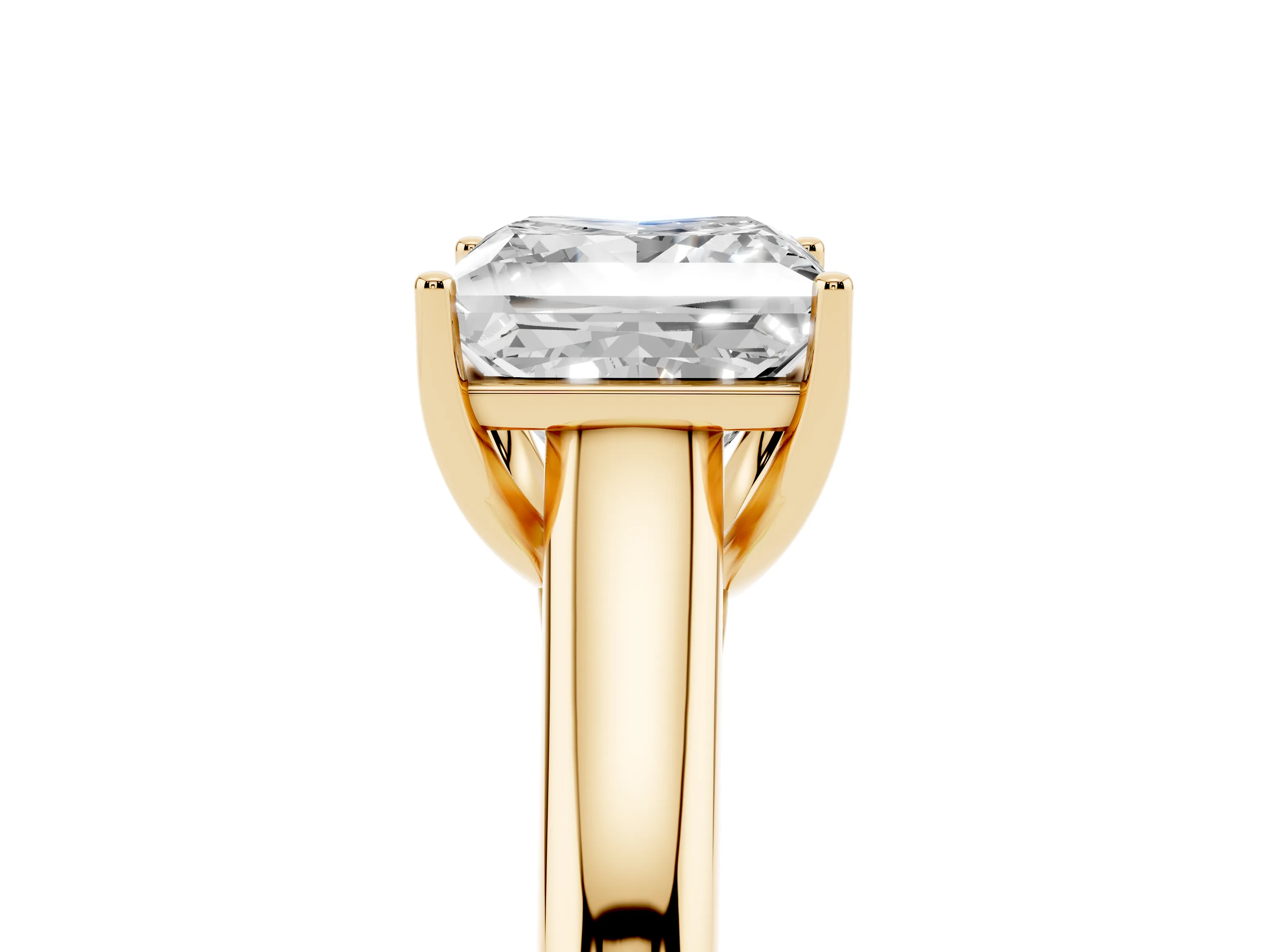 Princess Cut Diamond Solitaire Engagement Ring Set in Yellow gold with Subtly Tapered Band and Prong Setting