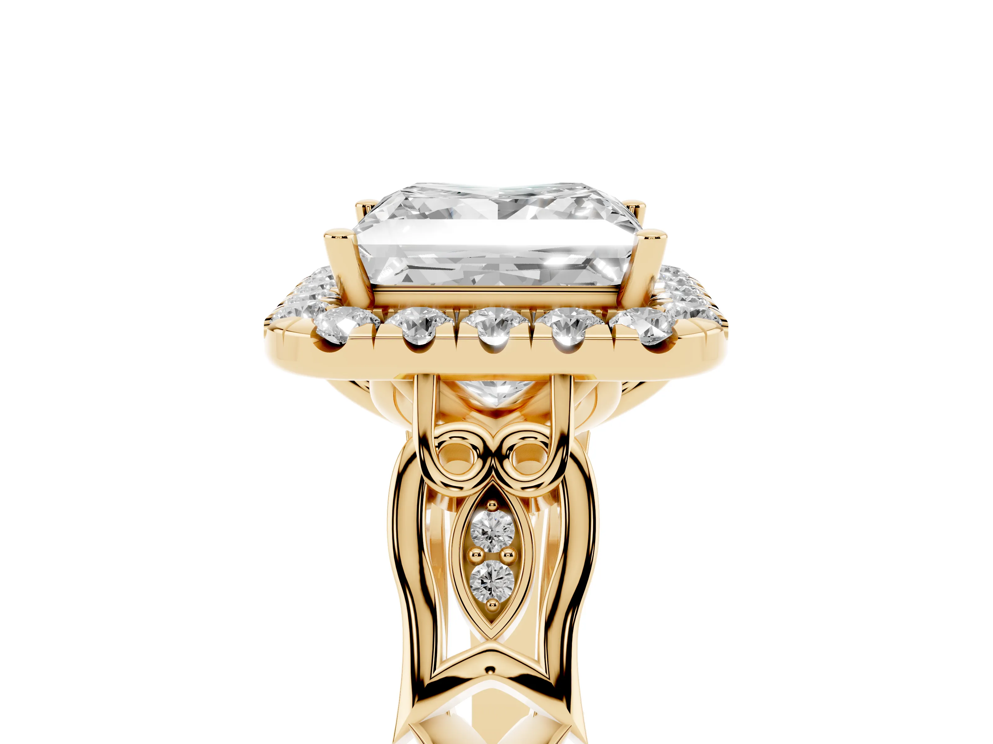 Princess Cut Diamond Halo Engagement Ring Set in Yellow gold with Filigree Band and Prong-Set Center