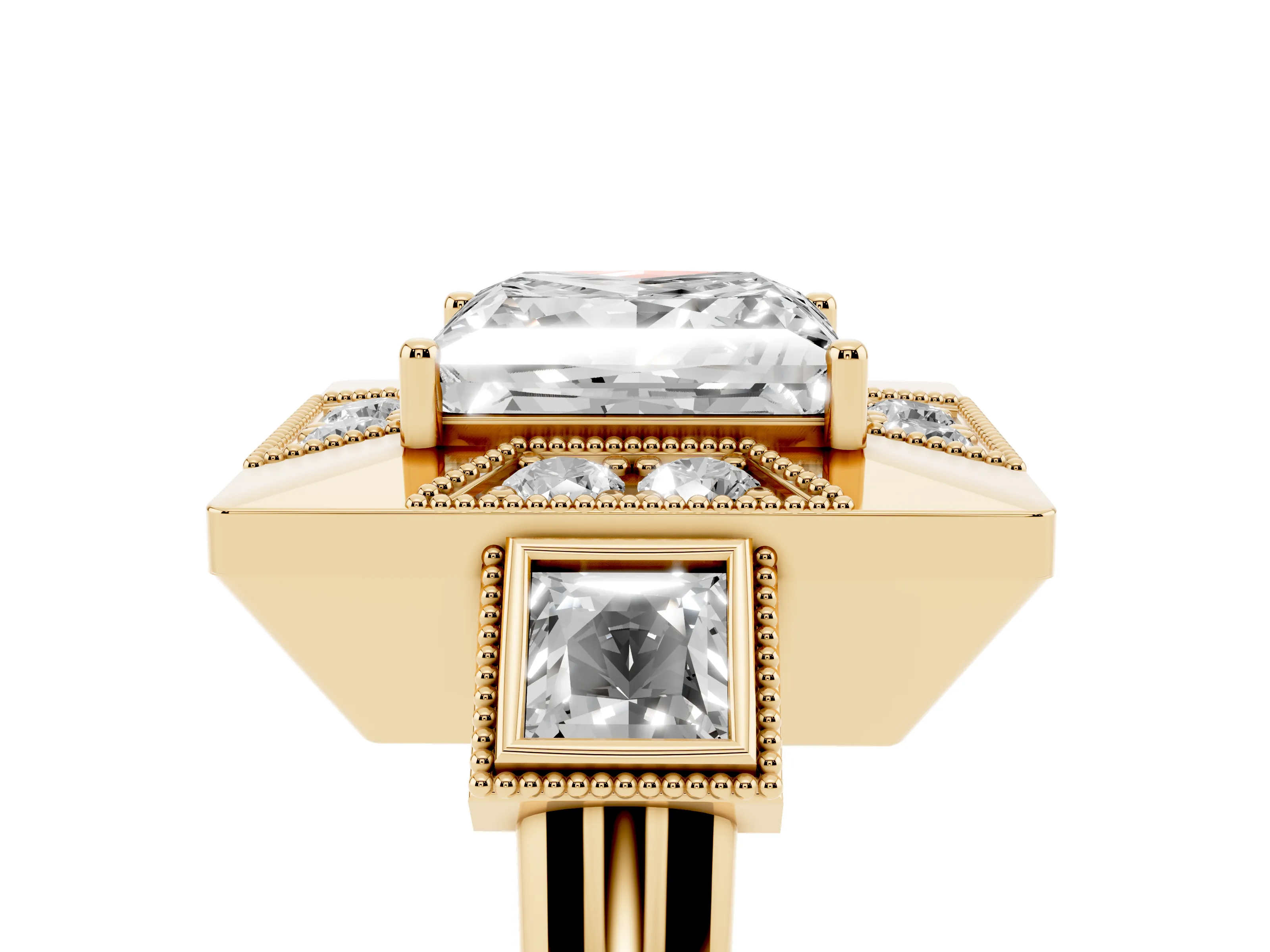 Princess Cut Diamond Milgrain Halo Ring Set in Yellow gold with Split Shank