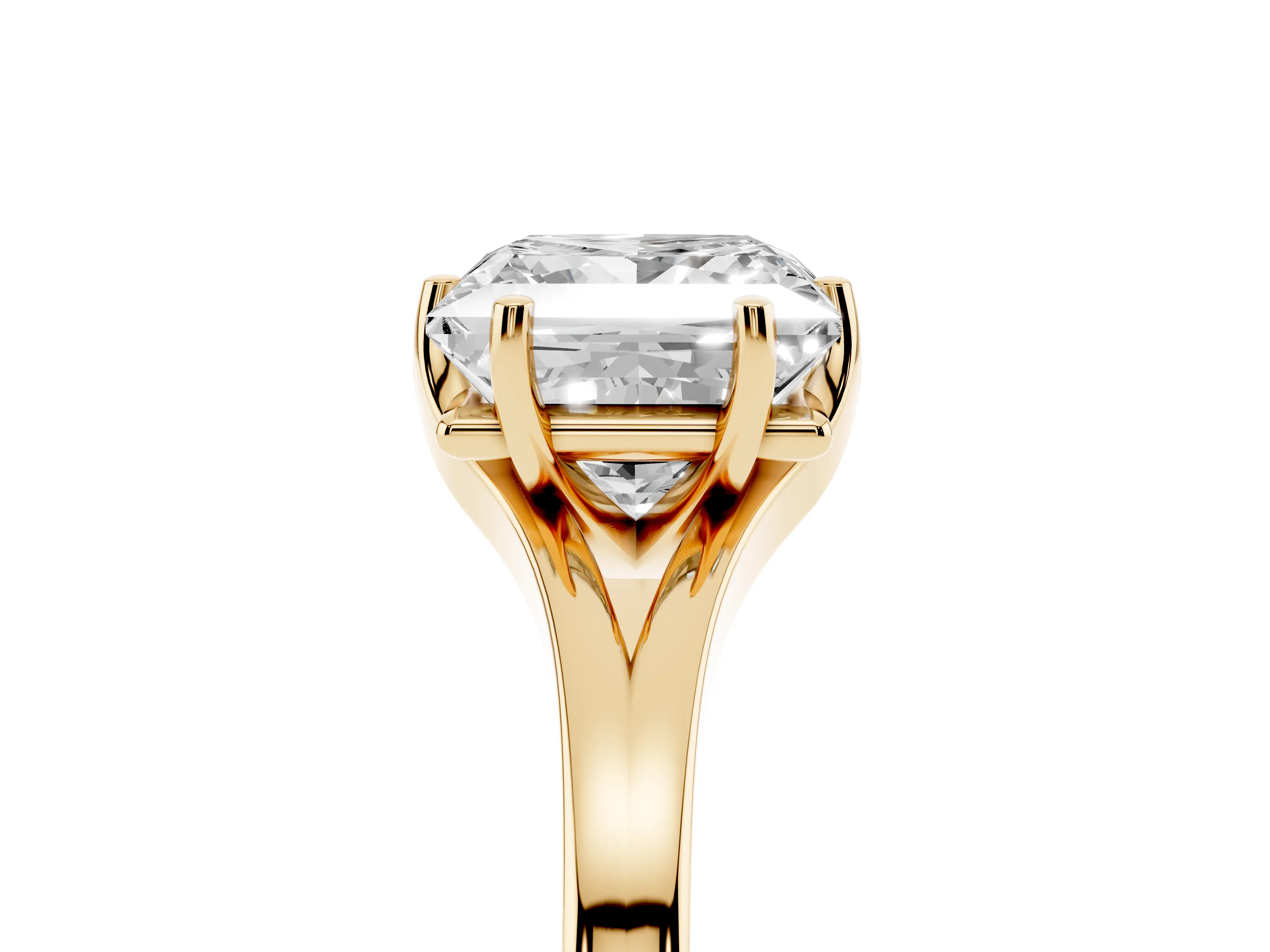 Princess Cut Diamond Solitaire Ring Set in Yellow gold with Polished Tapered Band and Prong Setting