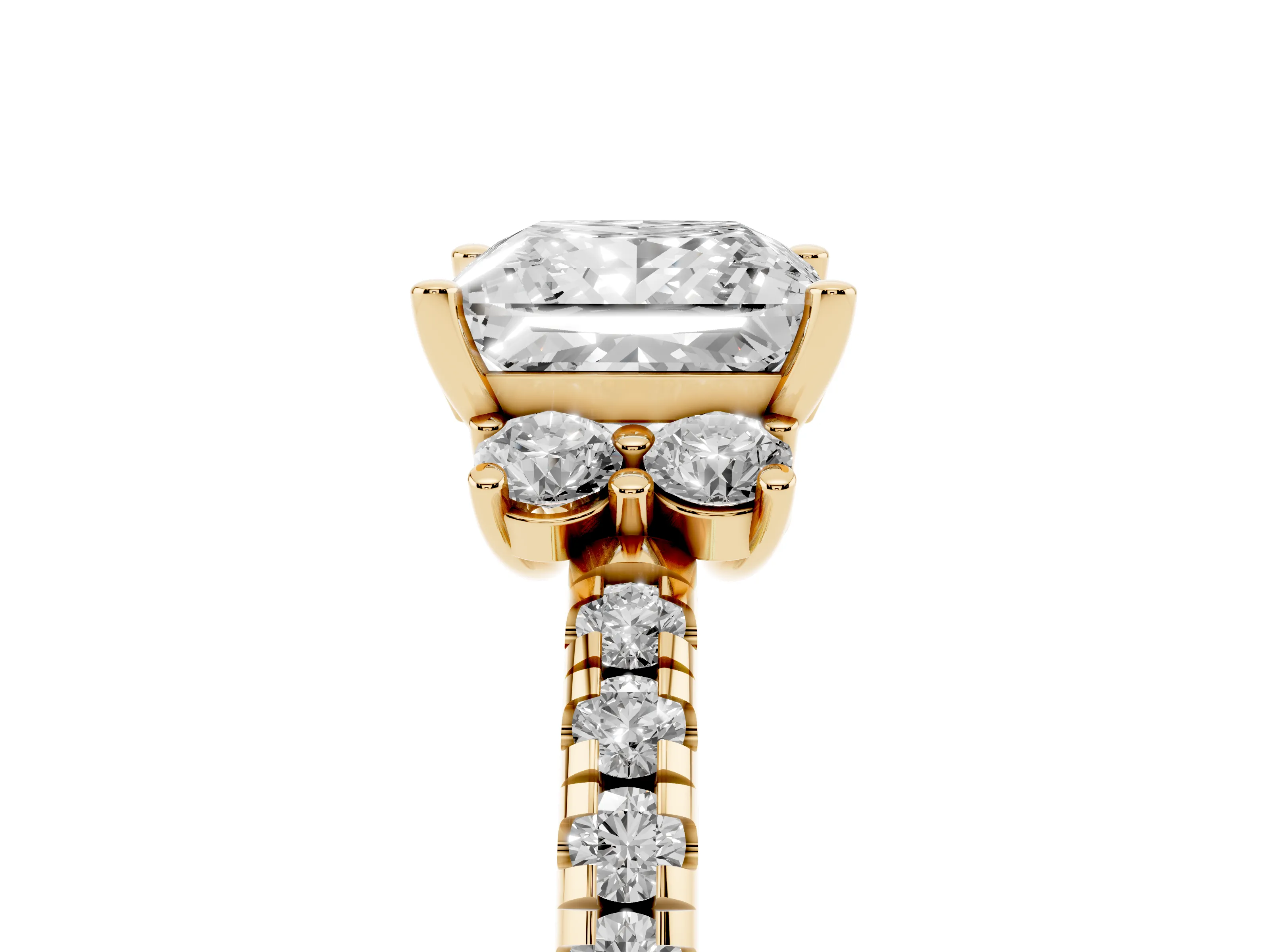Princess Cut Diamond Three-Stone Pavé Ring Set in Yellow gold with Prong Setting