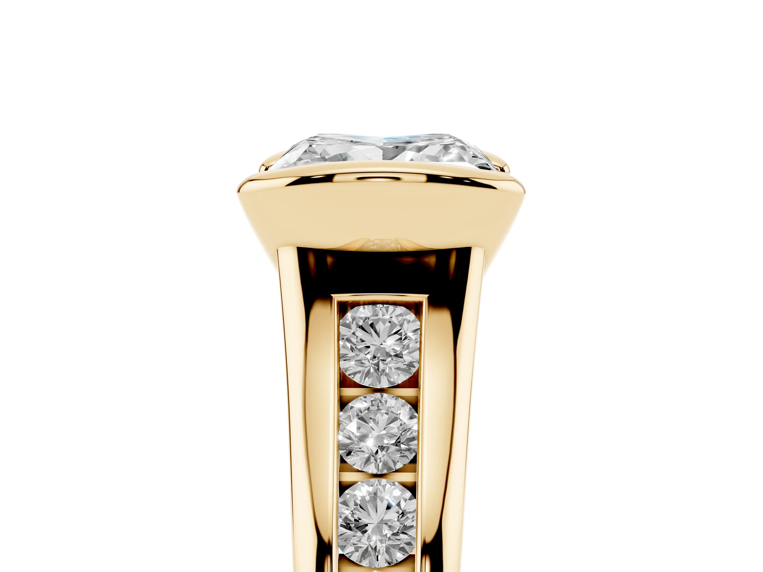 Princess Cut Diamond Bezel-Set Solitaire Ring Set in Yellow gold with Channel-Set Band