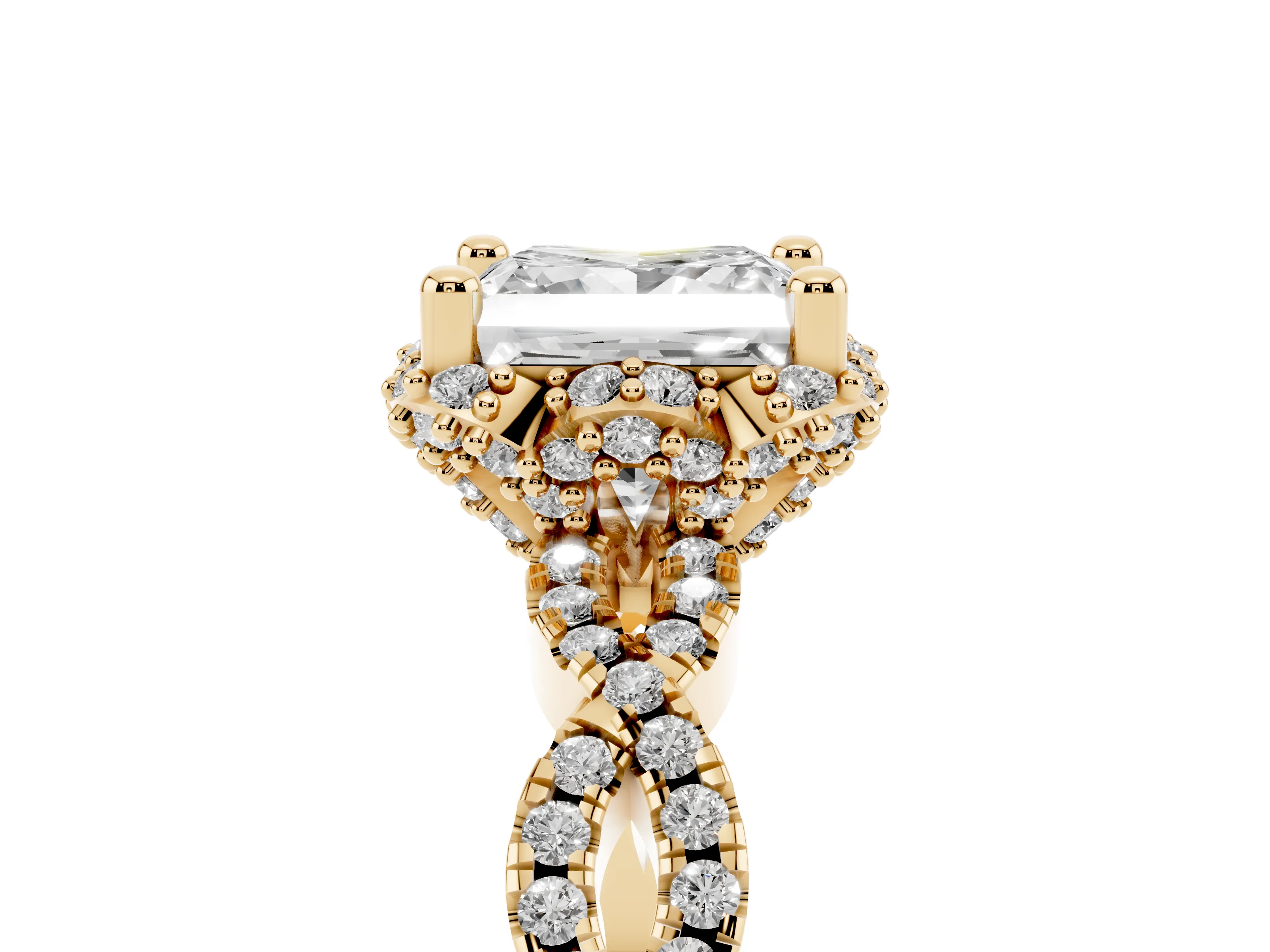 Princess Cut Diamond Halo Twist Band Solitaire Ring Set in Yellow gold with Prong-Set Center Stone