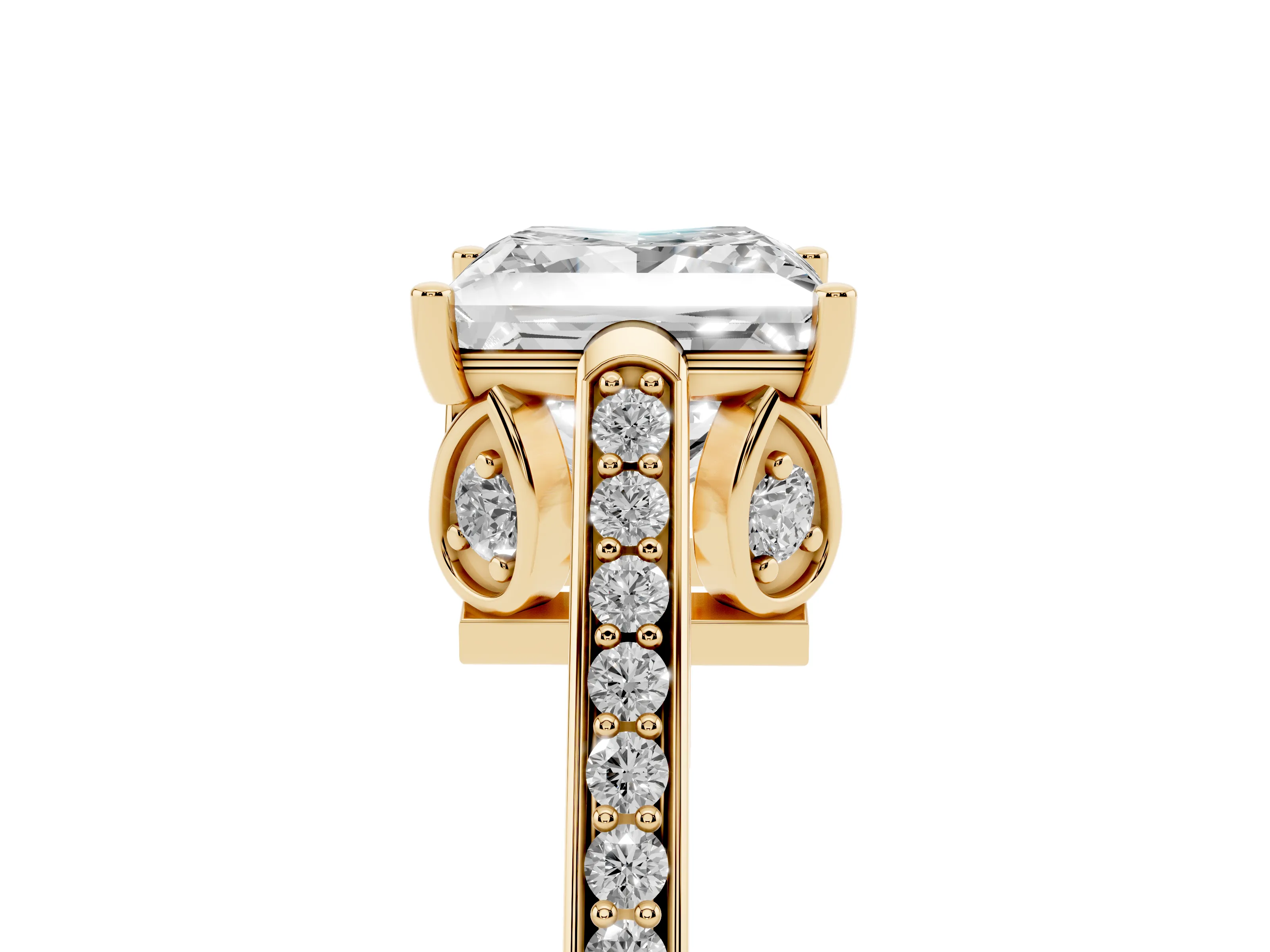 Princess Cut Diamond Cathedral Pavé Engagement Ring Set in Yellow gold with Prong Setting