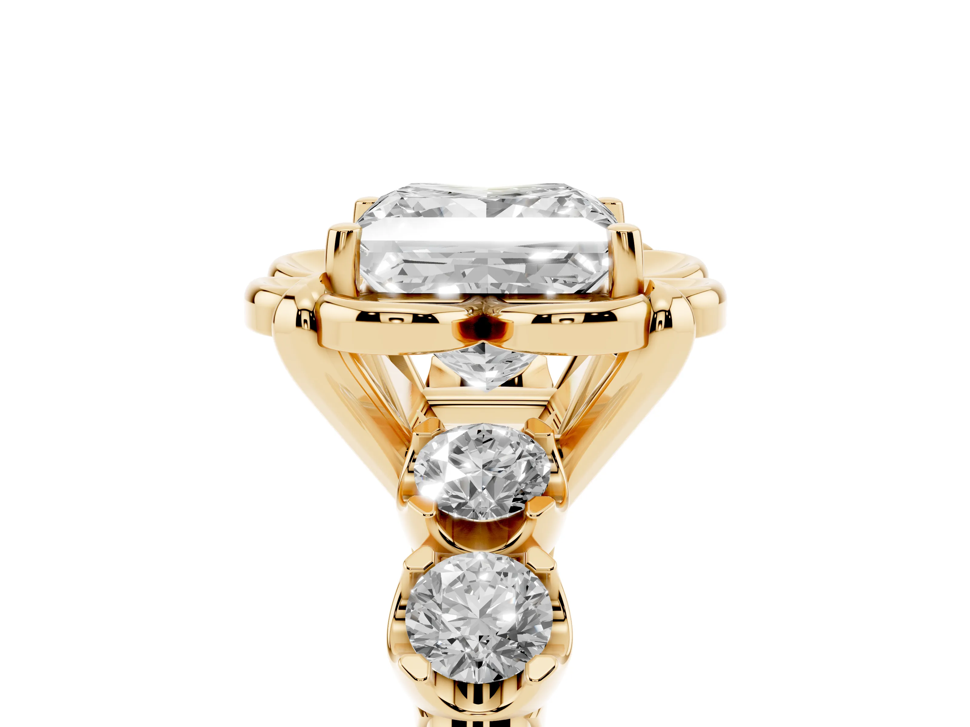 Princess Cut Diamond Floral Halo Ring Set in Yellow gold with Shared Prong Band