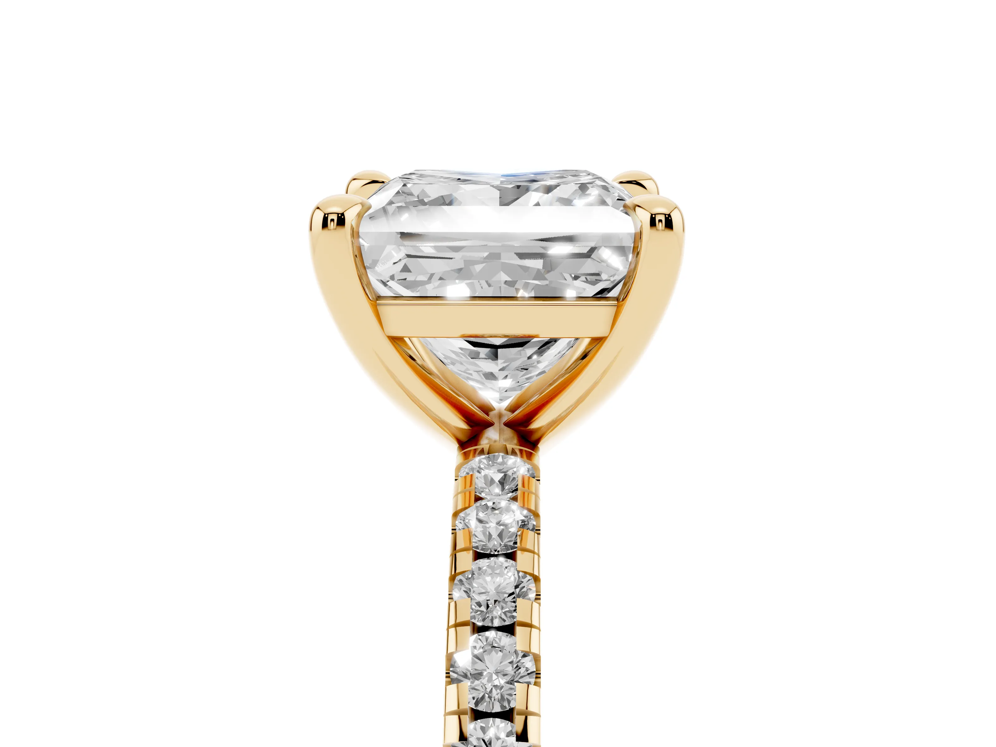 Princess Cut Diamond Brilliant Solitaire Ring Set in Yellow gold with Pavé Band and Prong Setting