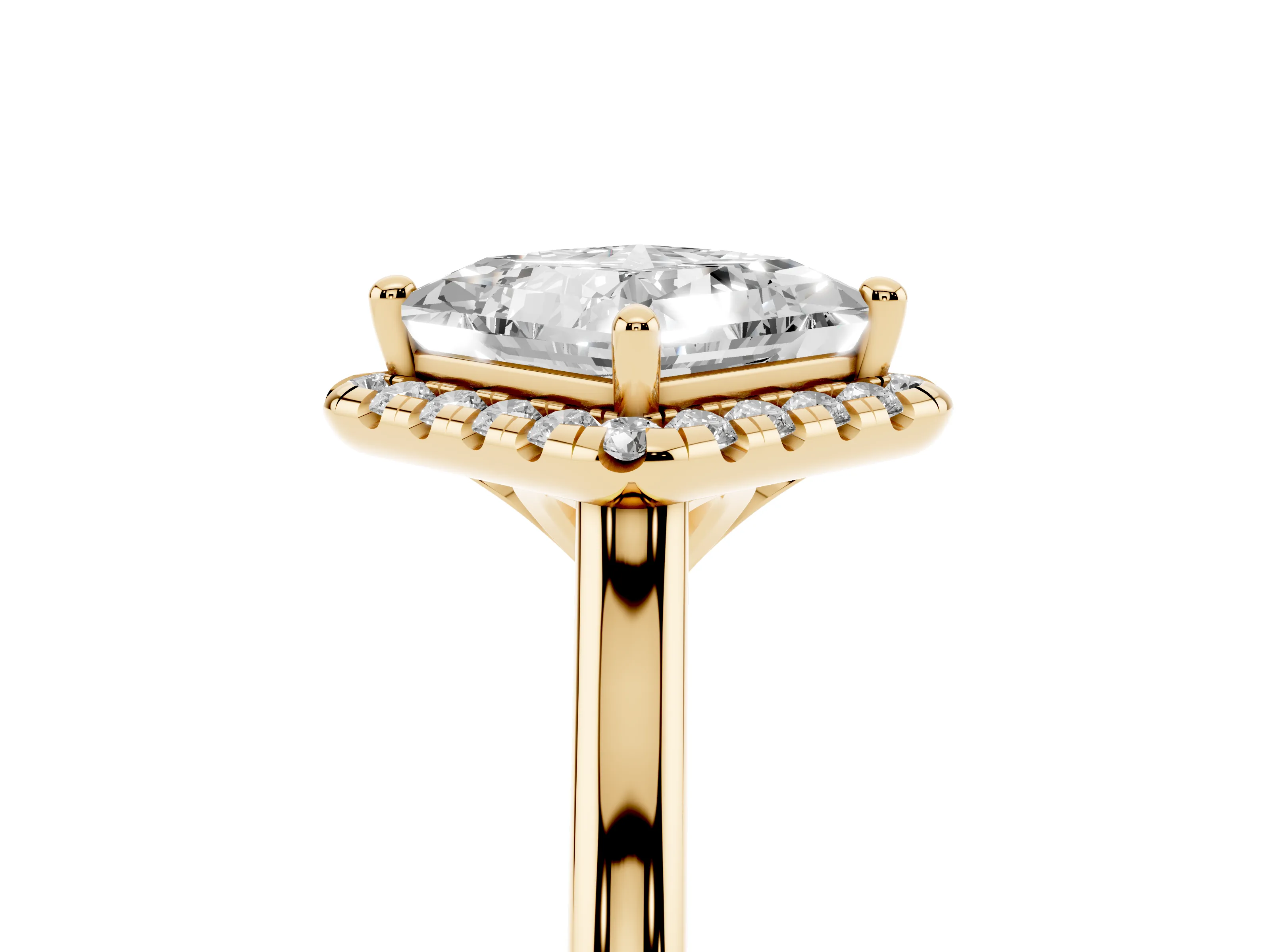 Princess Cut Diamond Halo Engagement Ring Set in Yellow gold with Pavé Band and Rising Shoulders