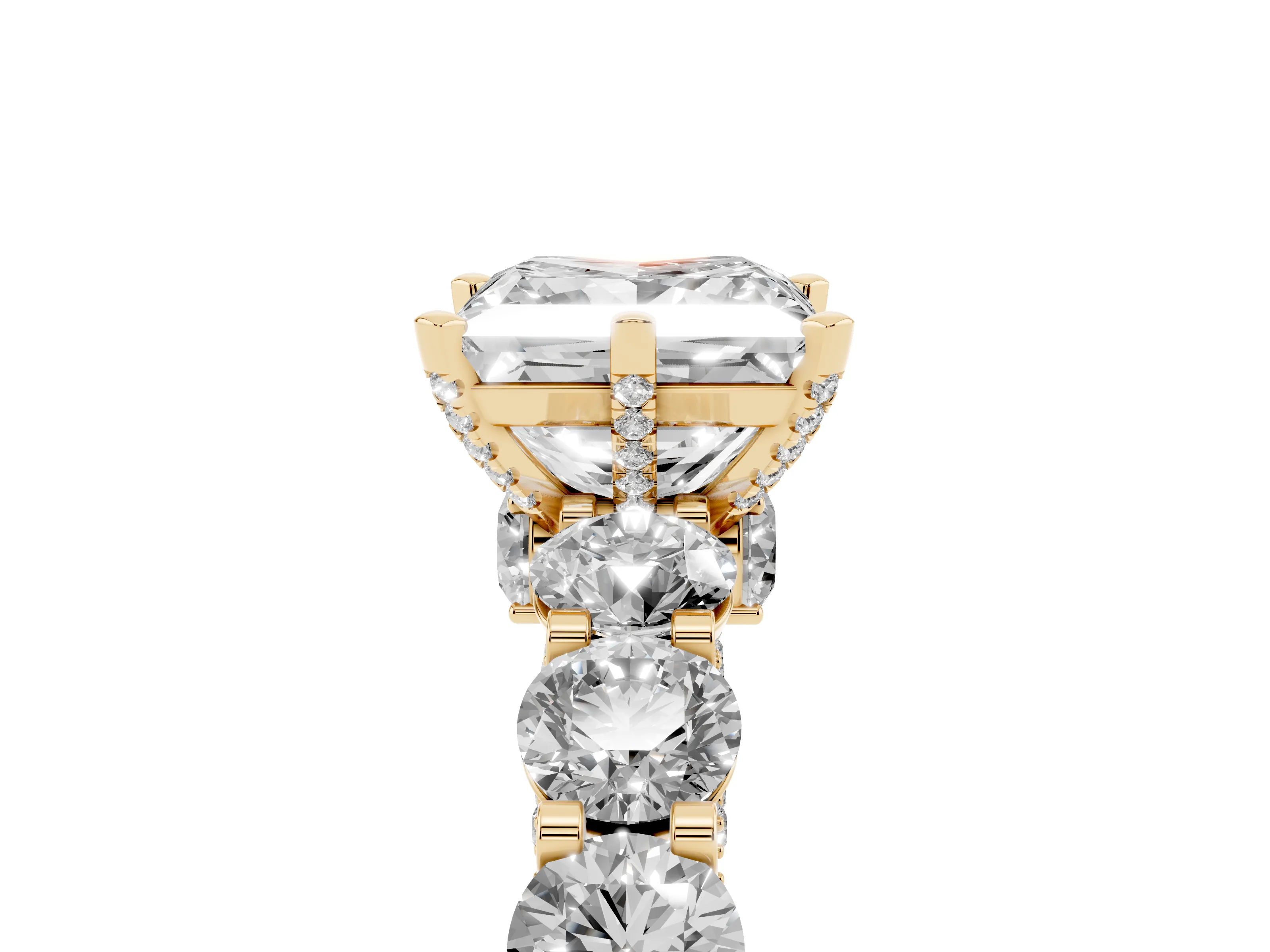 Princess Cut Diamond Side Stone Ring Set in Yellow gold with Alternating Round and Oval Side Stones