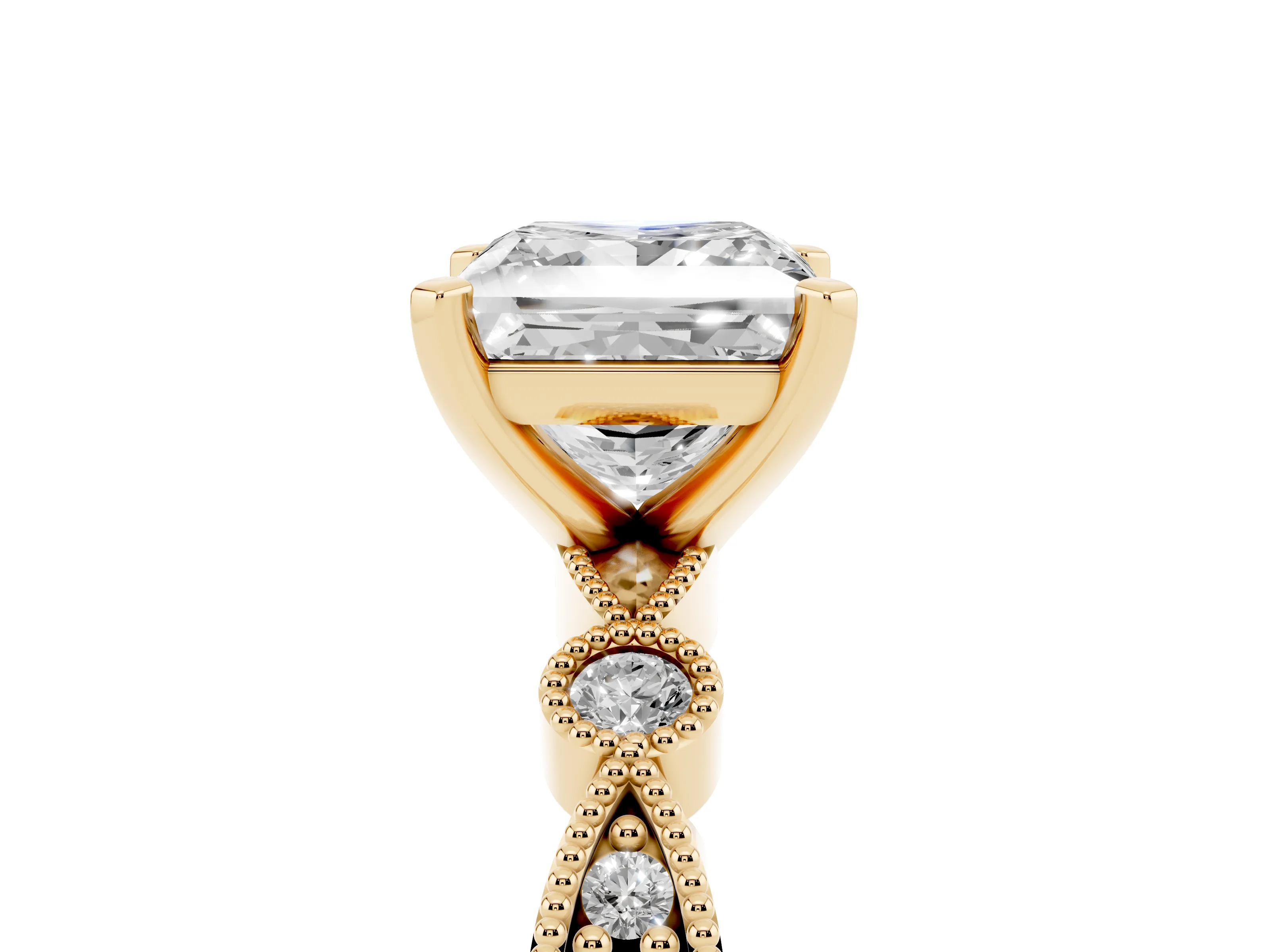 Princess Cut Diamond Solitaire Engagement Ring Set in Yellow gold with Milgrain Bezel Accent Band