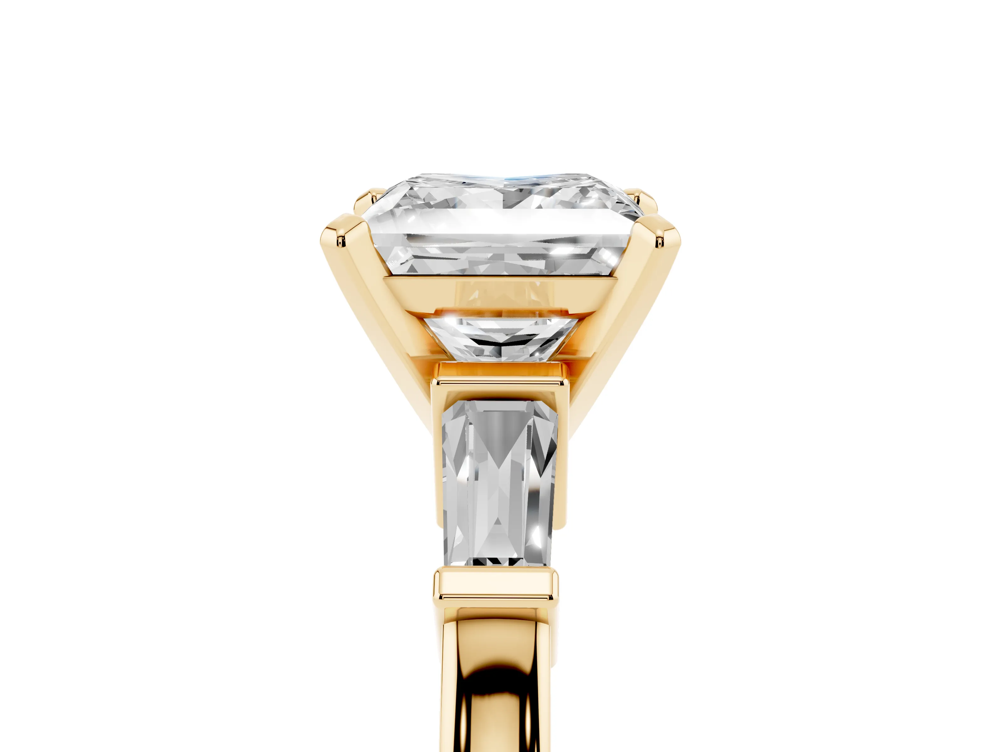 Princess Cut Diamond Solitaire Ring Set in Yellow gold with Tapered Baguette Accents and Prong Setting