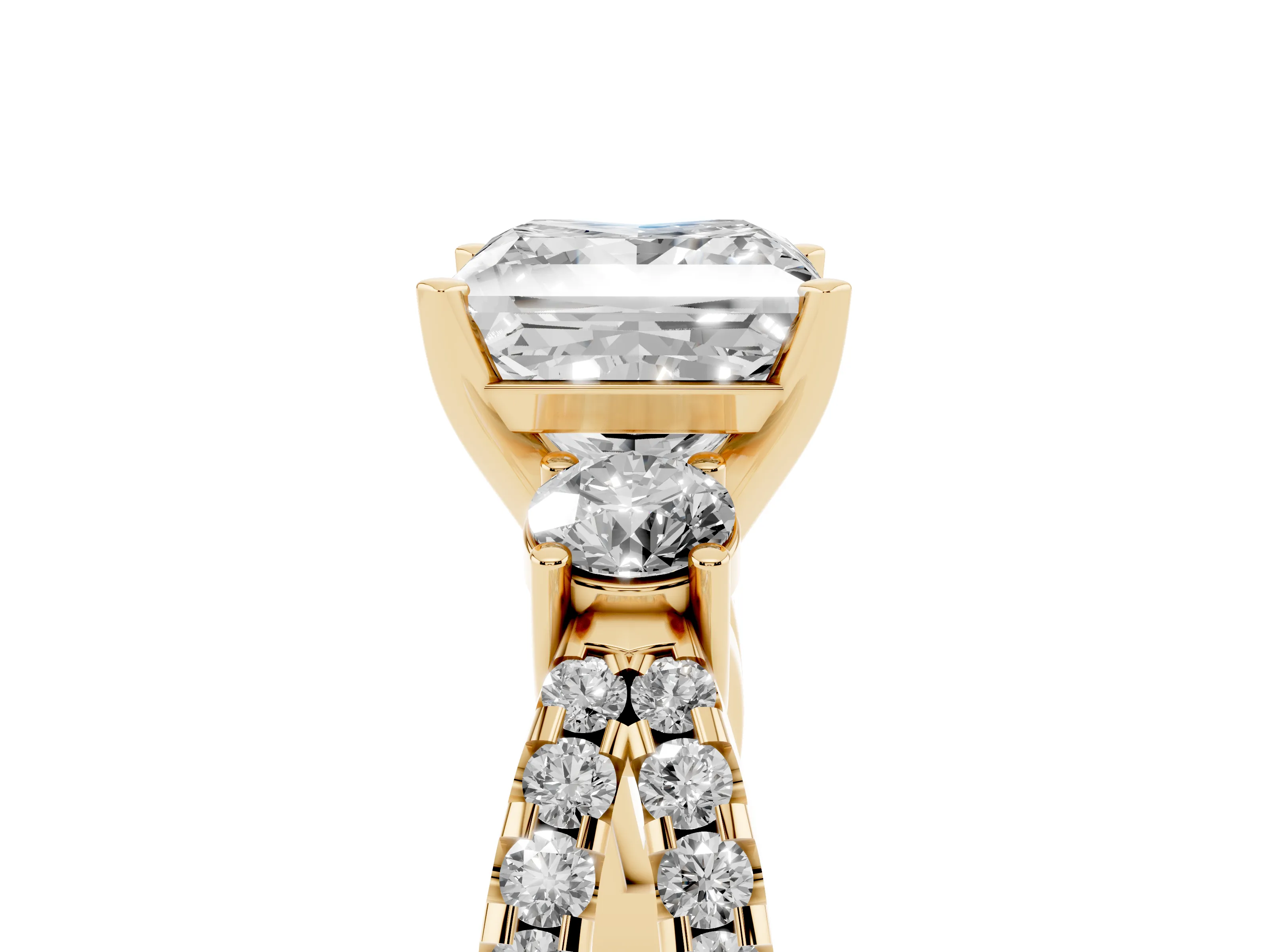 Princess Cut Diamond Three-Stone Ring Set in Yellow gold with Pavé Split Shank and Prong Setting