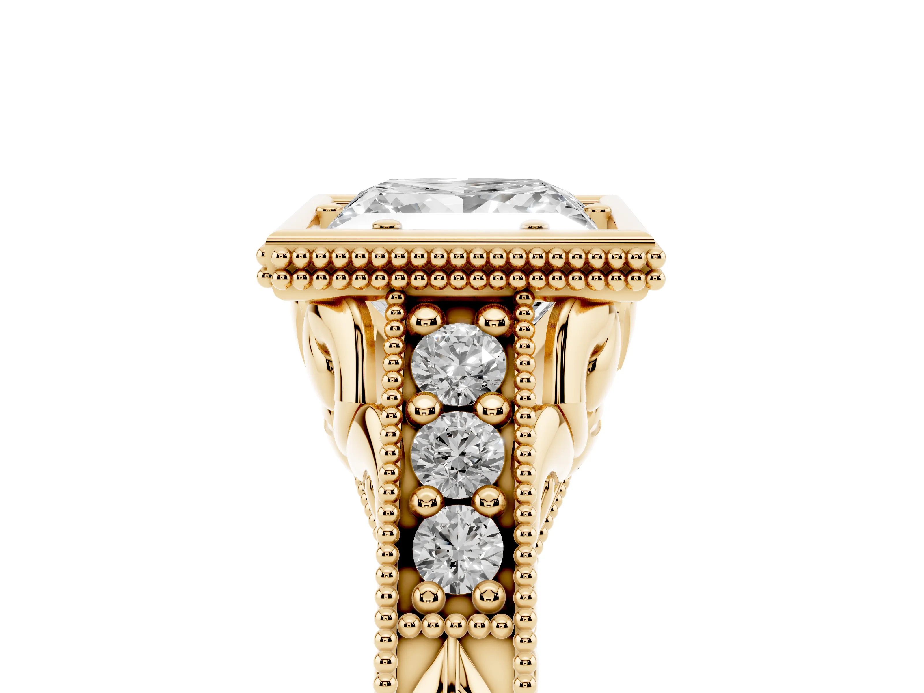 Bezel Set Princess Cut Diamond Milgrain Pavé Engagement Ring Set in Yellow gold