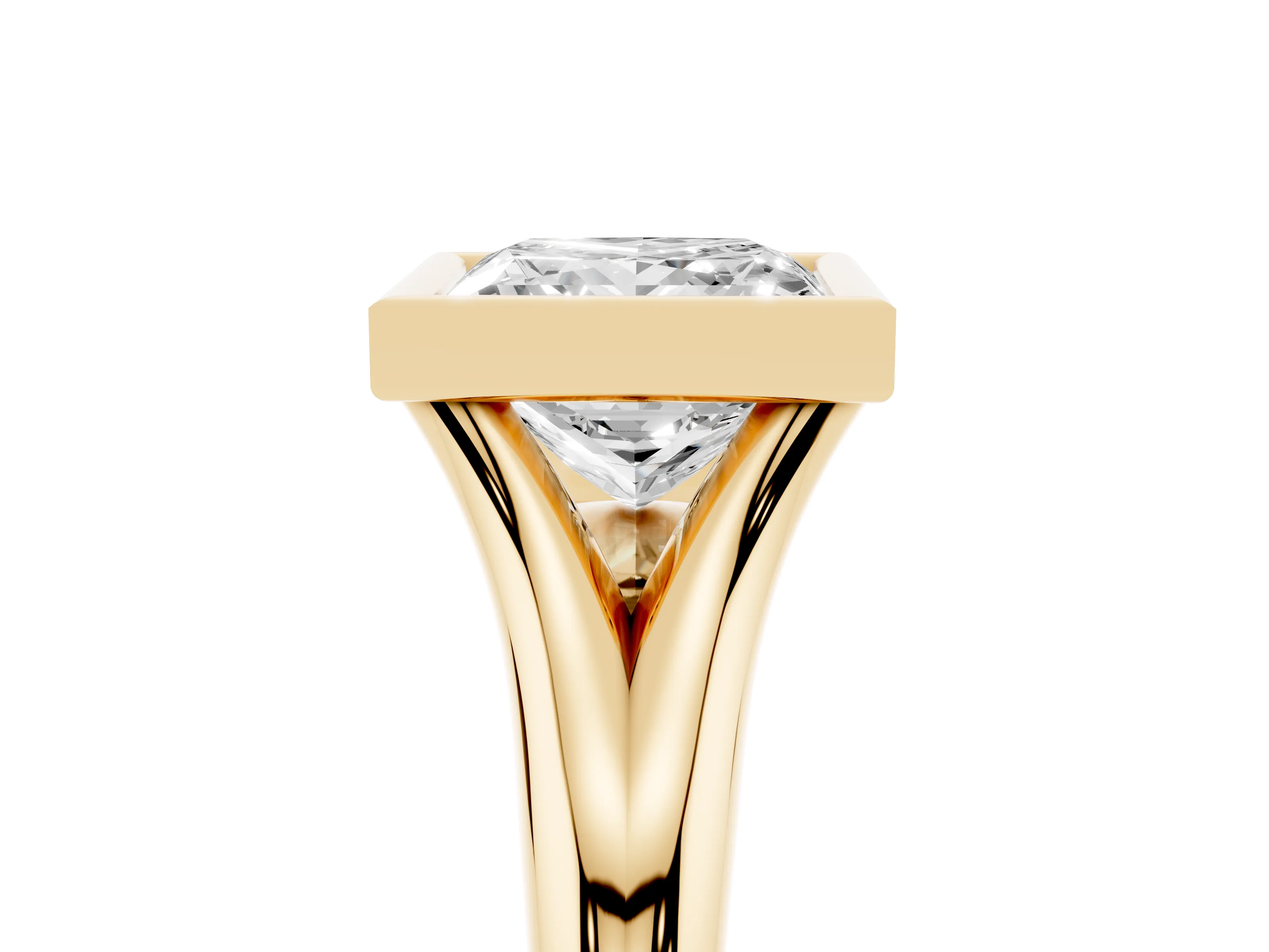 Bezel Set Princess Cut Diamond Solitaire Ring Set in Yellow gold with Smooth Band