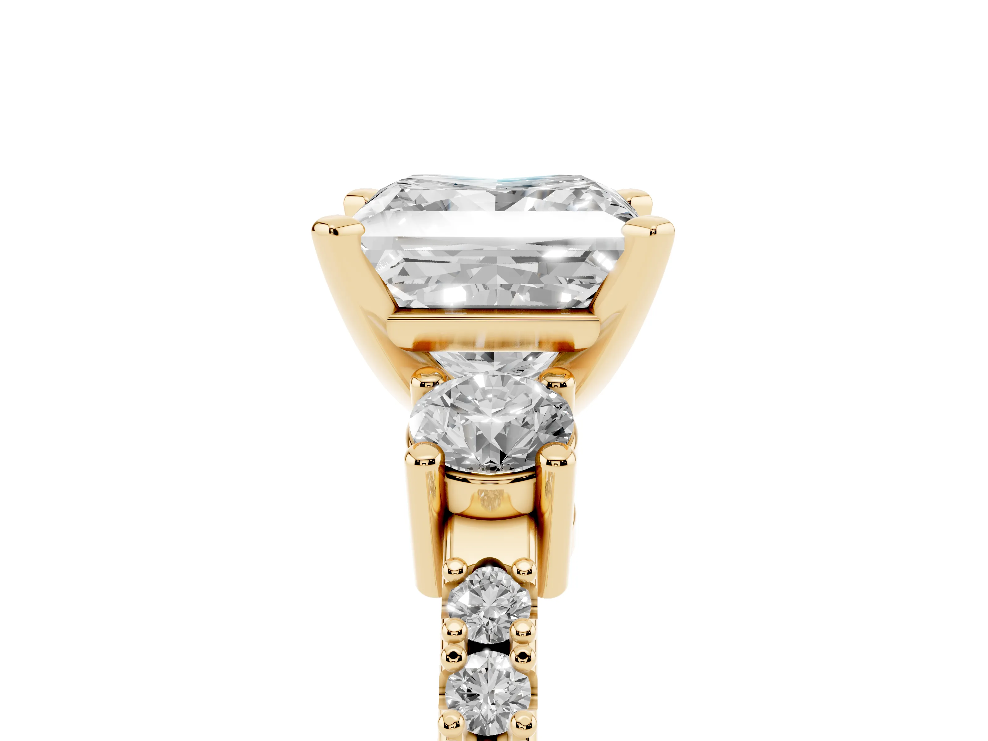 Three-Stone Princess Cut Diamond Pavé Band Ring Set in Yellow gold with Prong Setting