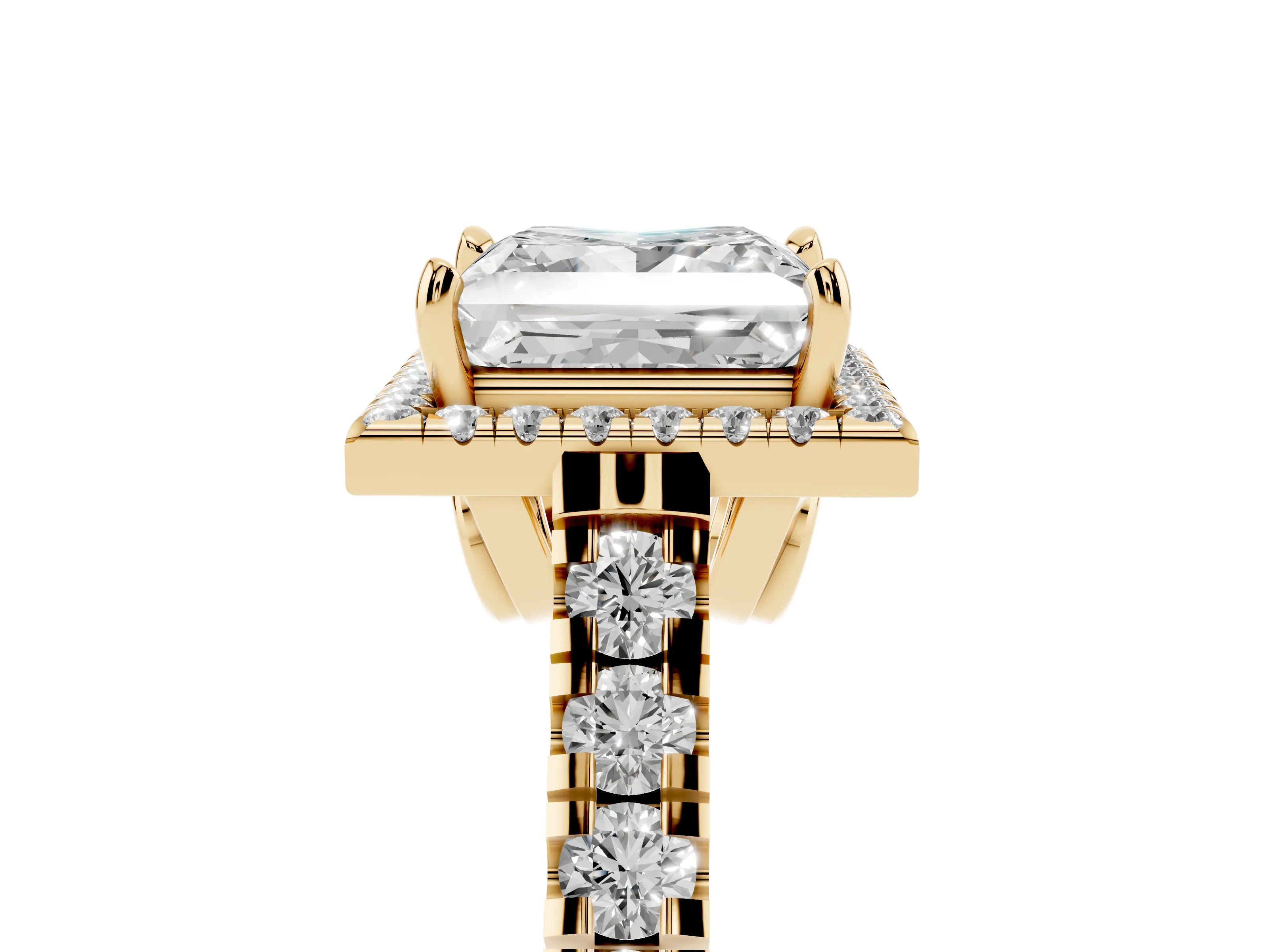 Princess Cut Diamond Halo Engagement Ring Set in Yellow gold with Pavé Band and Prong-Set Center
