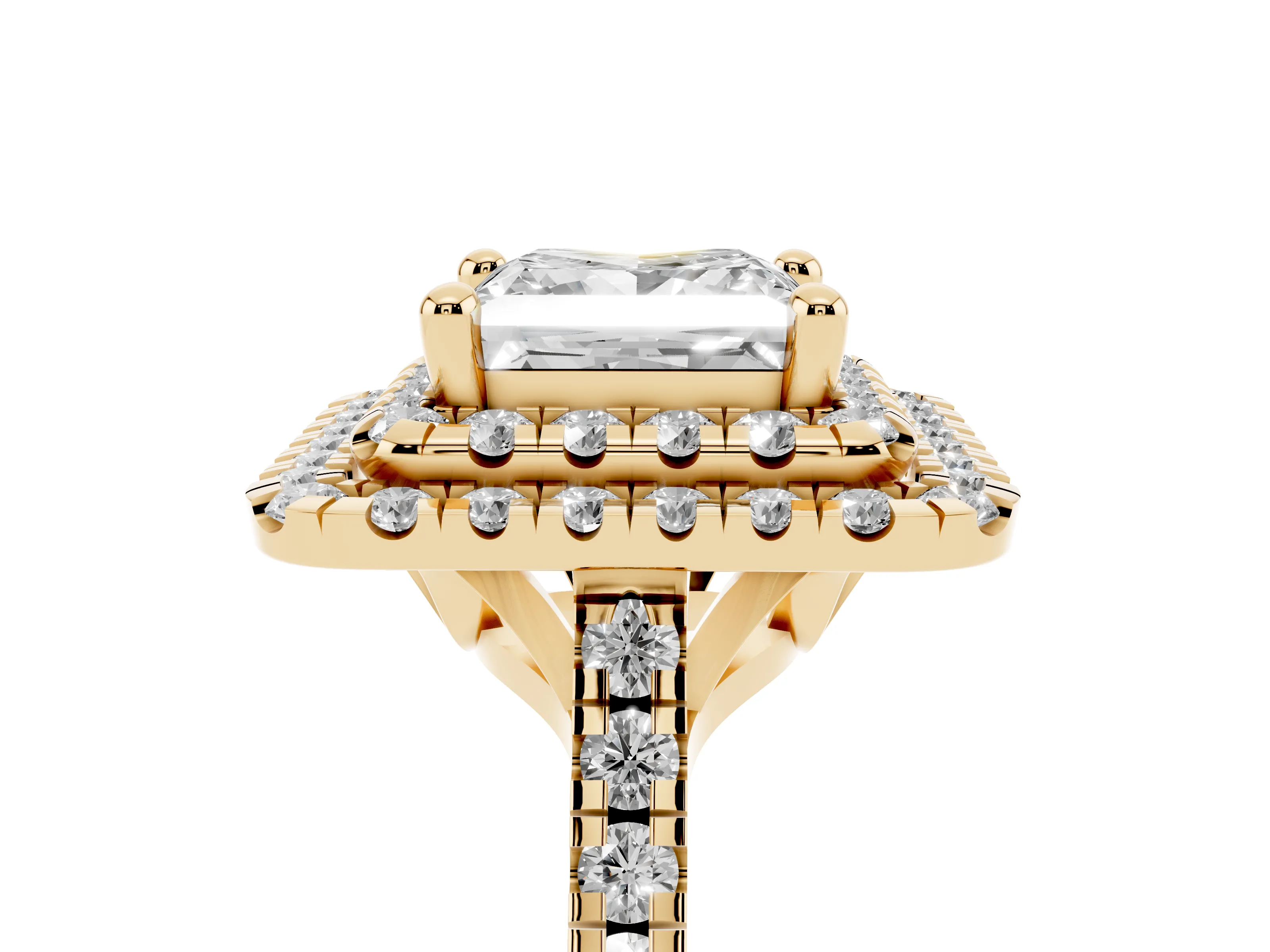 Princess Cut Diamond Double Halo Statement Ring Set in Yellow gold with Pavé Band