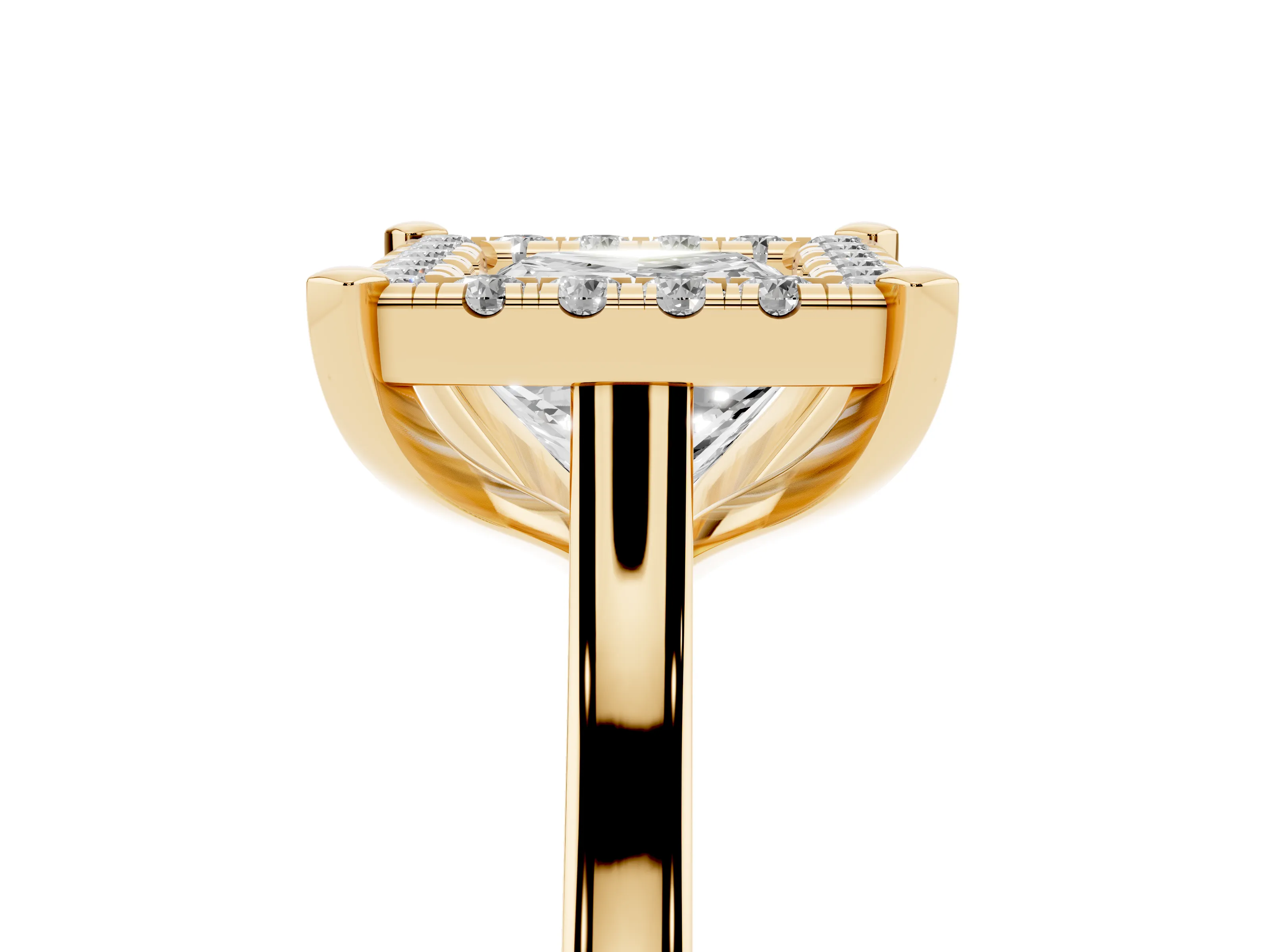 Princess Cut Diamond Cluster Halo Solitaire Ring Set in Yellow gold with Prong Setting