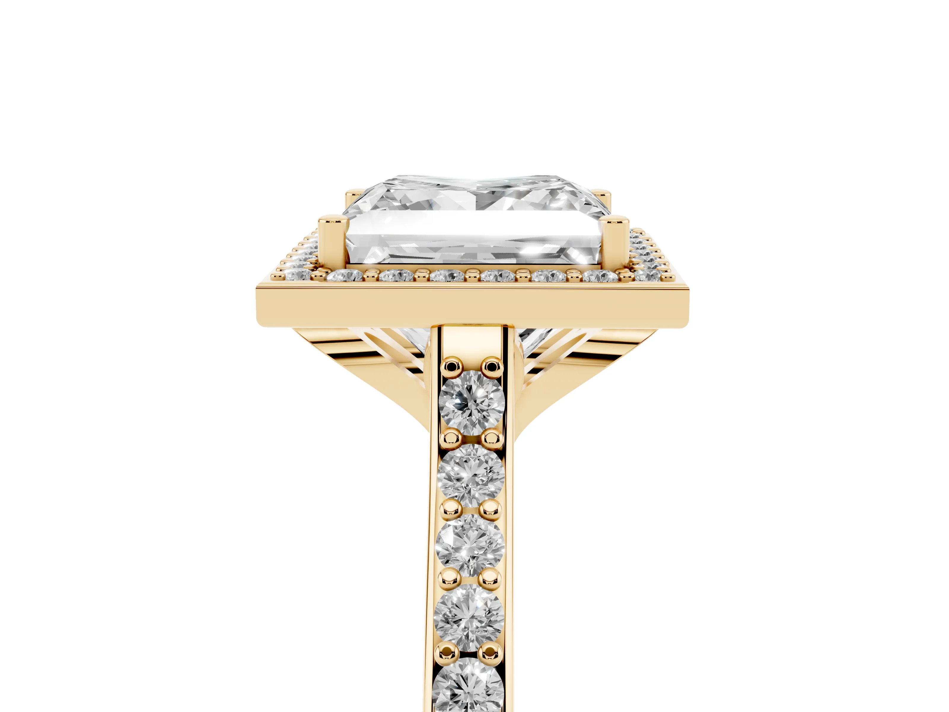 Princess Cut Diamond Halo Engagement Ring Set in Yellow gold with Round Pavé Shoulders and Heart Gallery