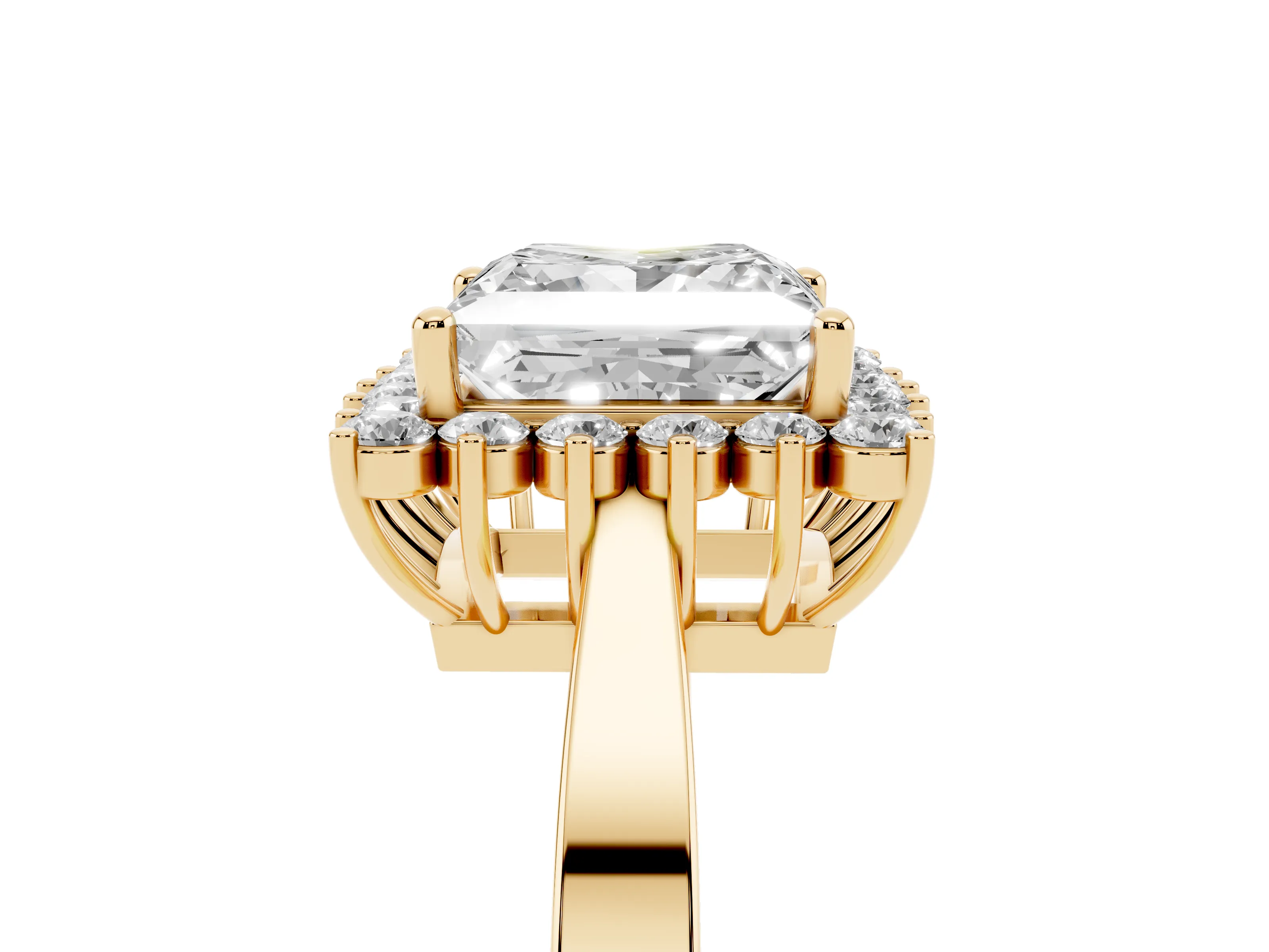 Princess Cut Diamond Halo Ring Set in Yellow gold with Round Halo and Smooth Solitaire Band