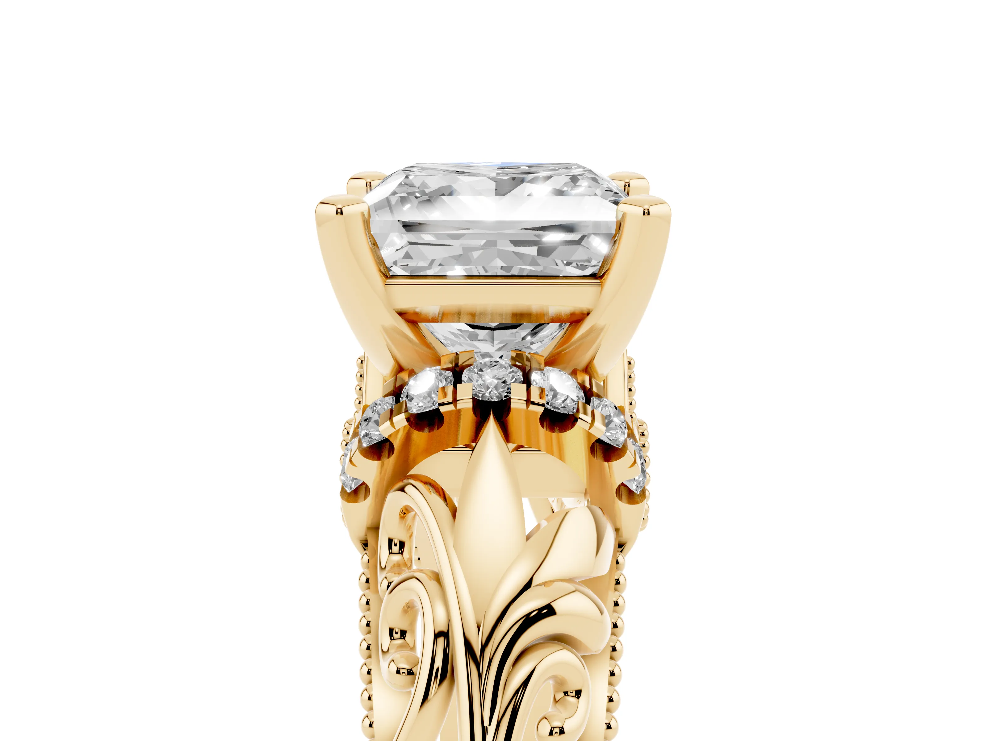 Princess Cut Diamond Filigree Halo Engagement Ring Set in Yellow gold with Prong Setting