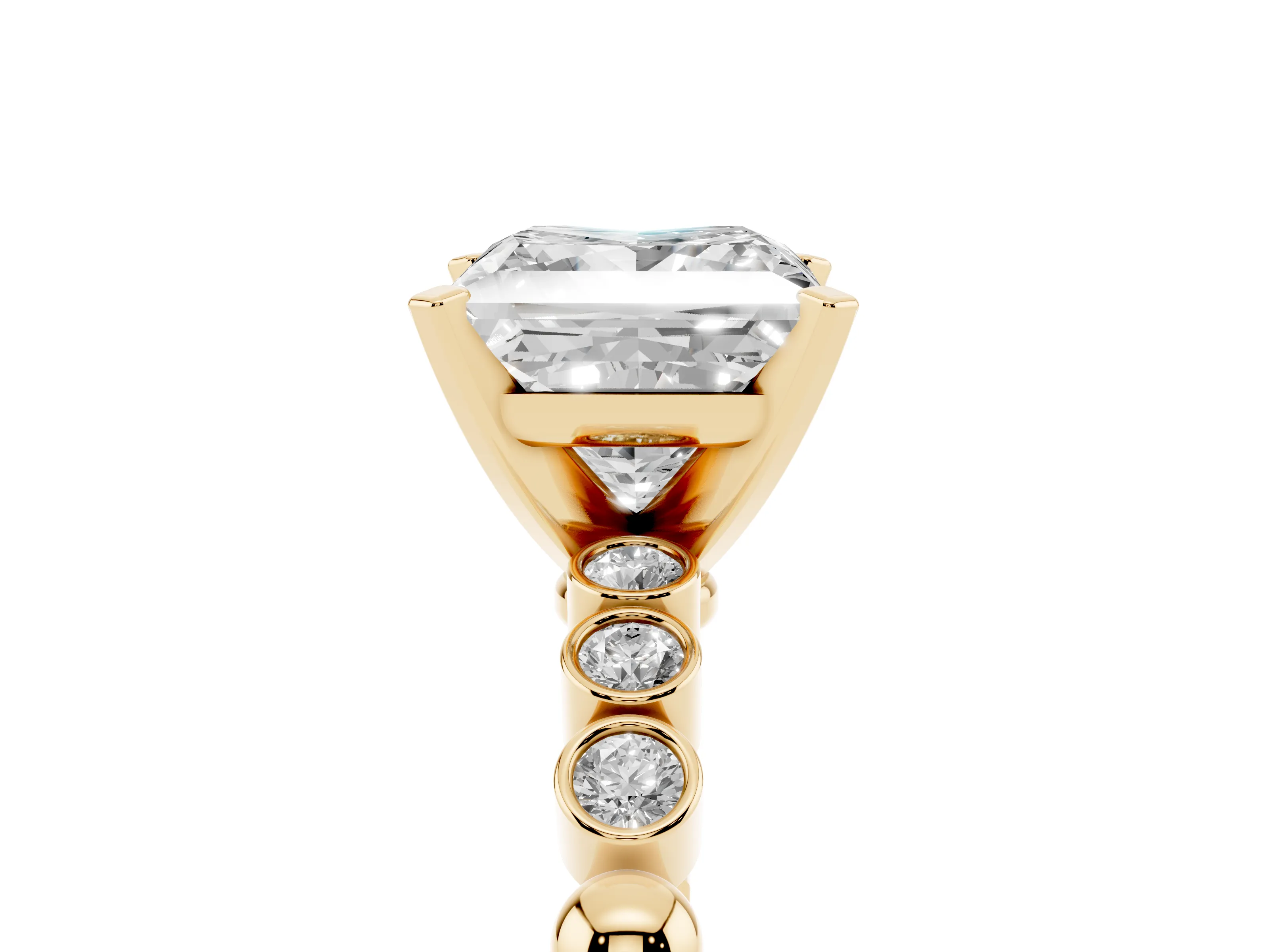 Princess Cut Diamond Solitaire Engagement Ring Set in Yellow gold with Bezel Accents on Beaded Band