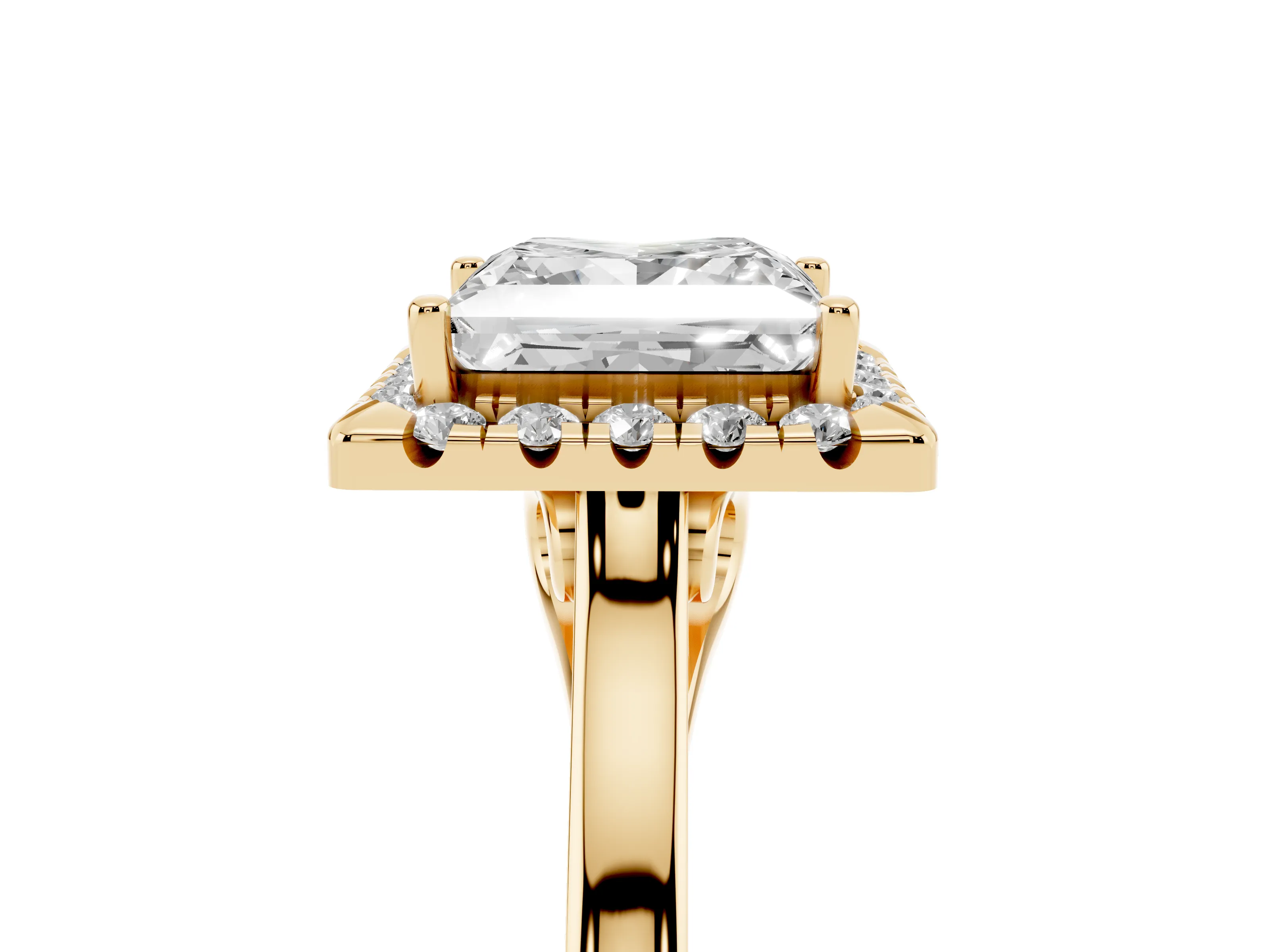 Princess Cut Halo Round Diamond Solitaire Ring Set in Yellow gold with Pavé Band and Prong Setting