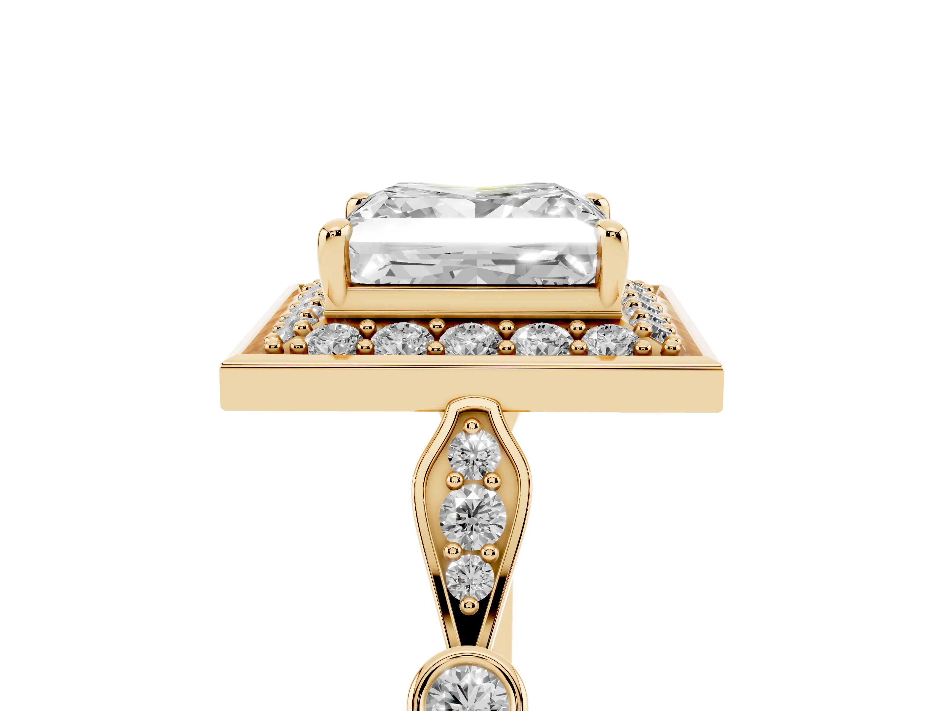 Princess Cut Diamond Halo Engagement Ring Set in Yellow gold with Twisted Band and Prong Setting