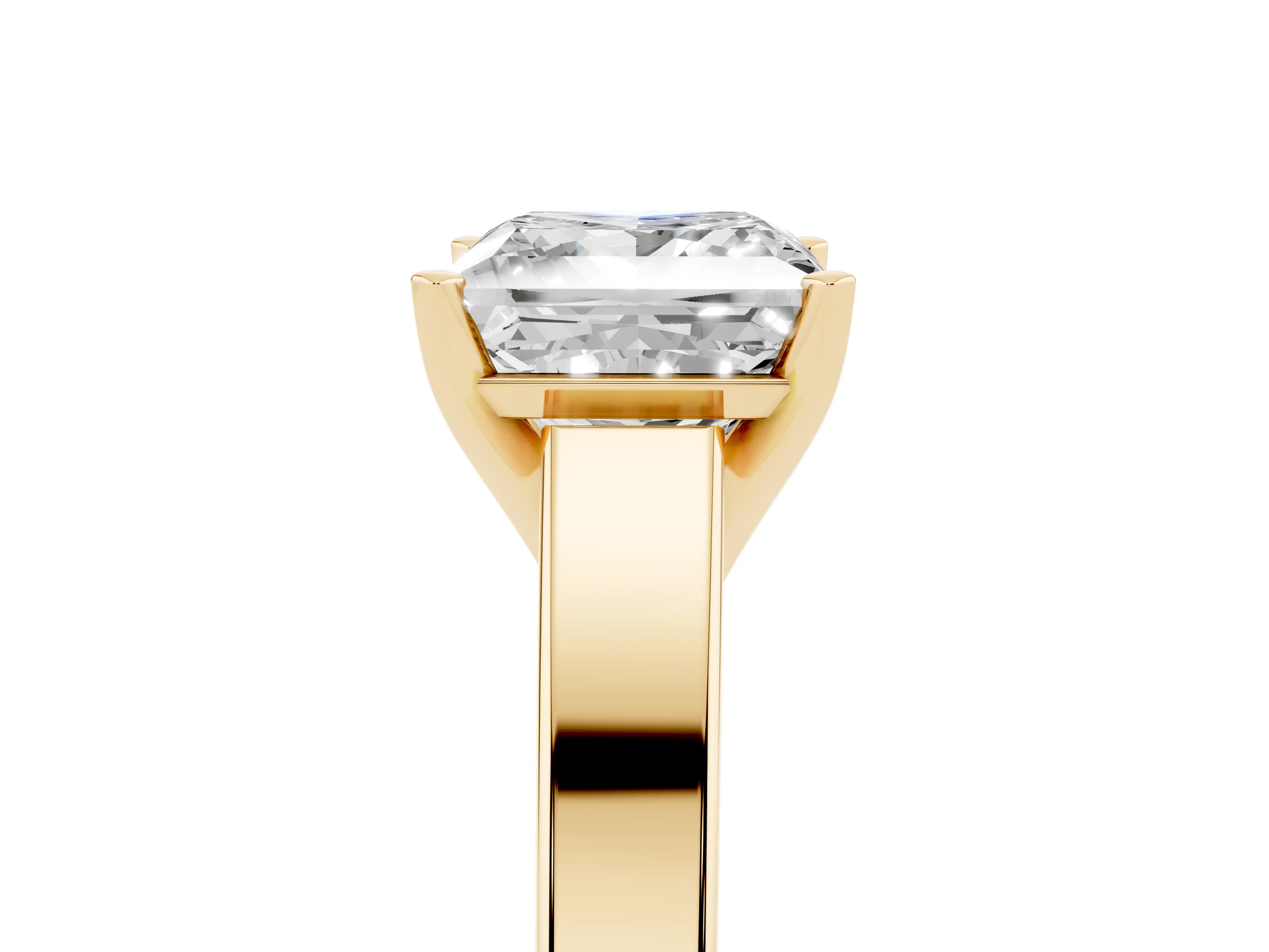 Princess Cut Diamond Solitaire Engagement Ring Set in Yellow gold with Prong Setting and Tapered Band